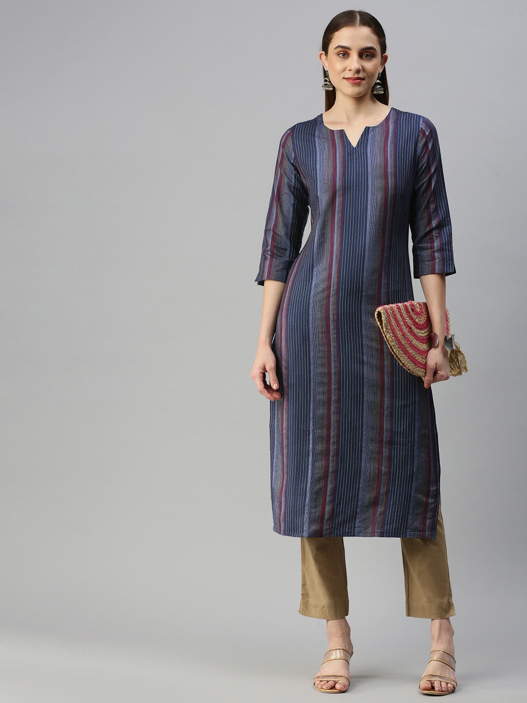 

KALINI Woven Design Striped Straight Kurta, Blue