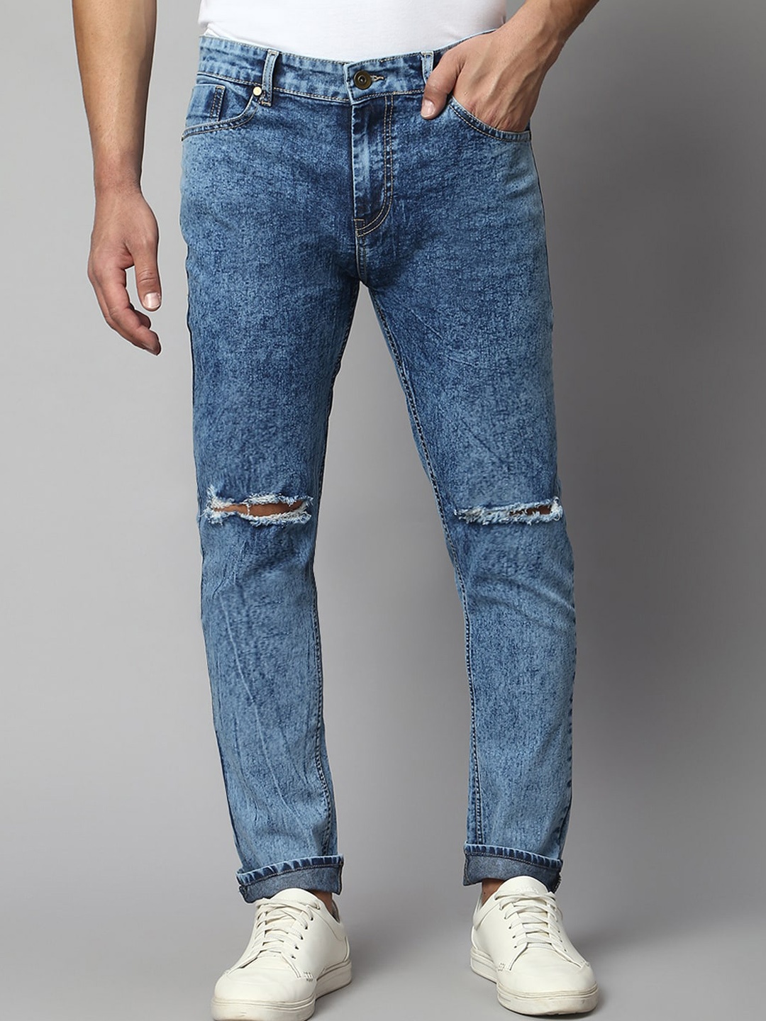 

Dennis Lingo Men Blue Slim Fit Slash Knee Stretchable Heavy Fade Jeans