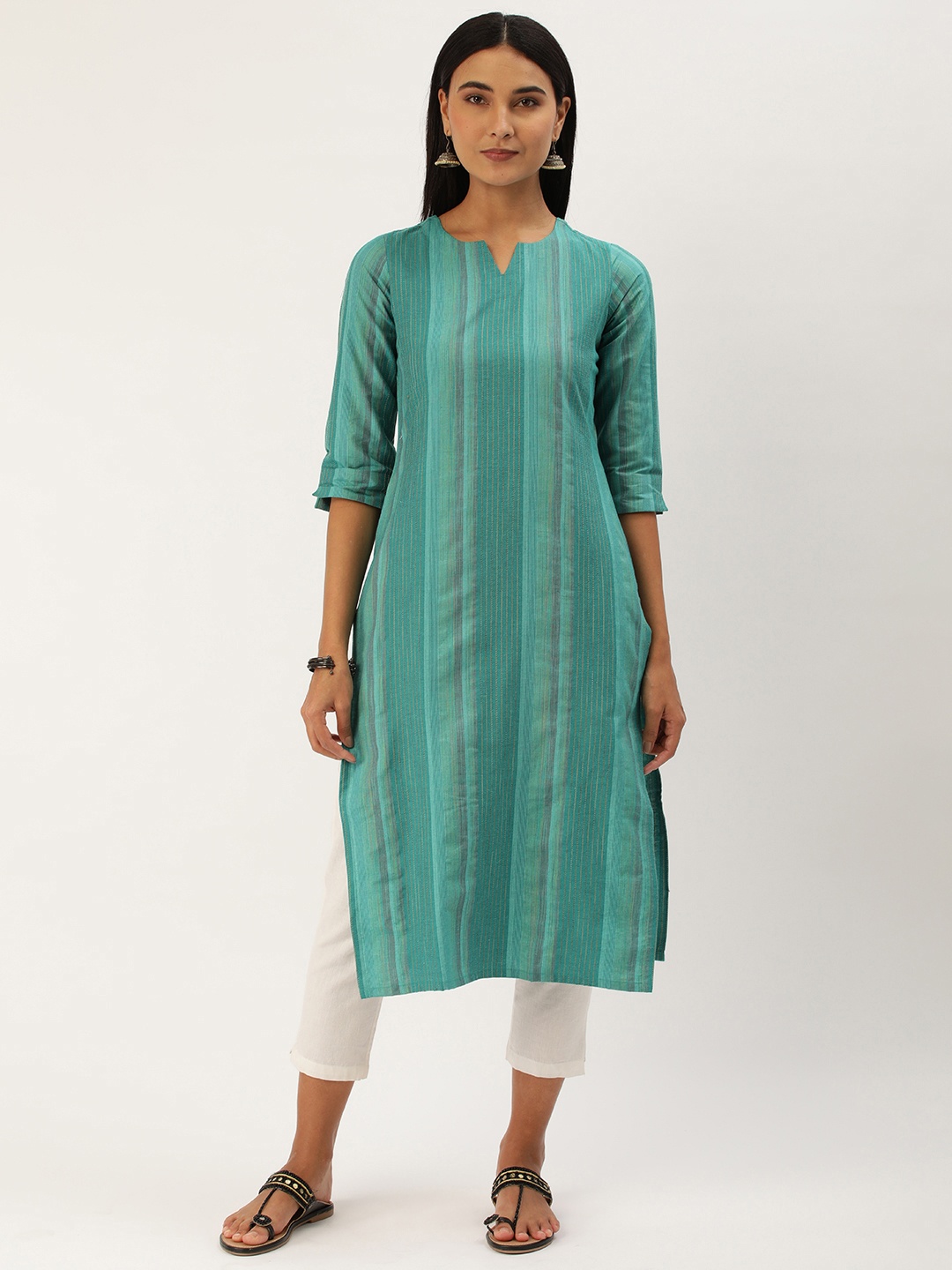 

Saanjh Women Striped Pure Cotton Kurta, Green