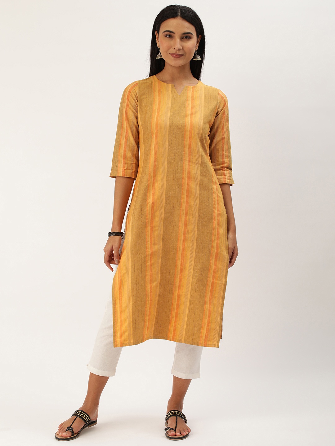 

Saanjh Women Striped Pure Cotton Kurta, Yellow