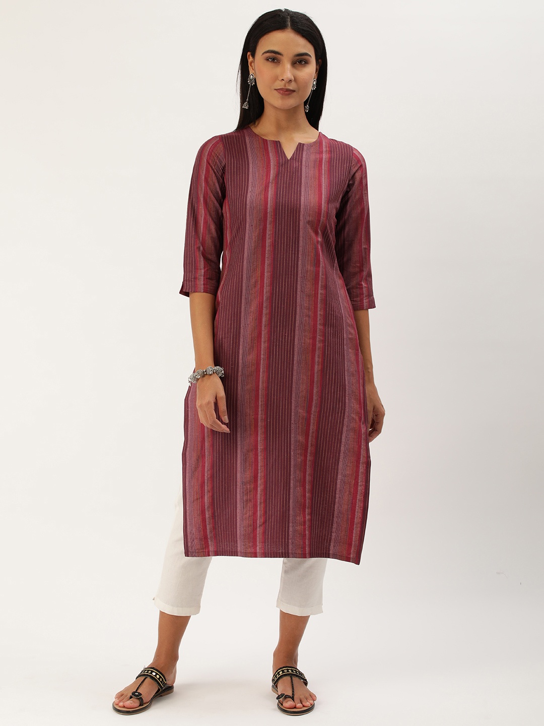 

Saanjh Women Striped Pure Cotton Kurta, Maroon