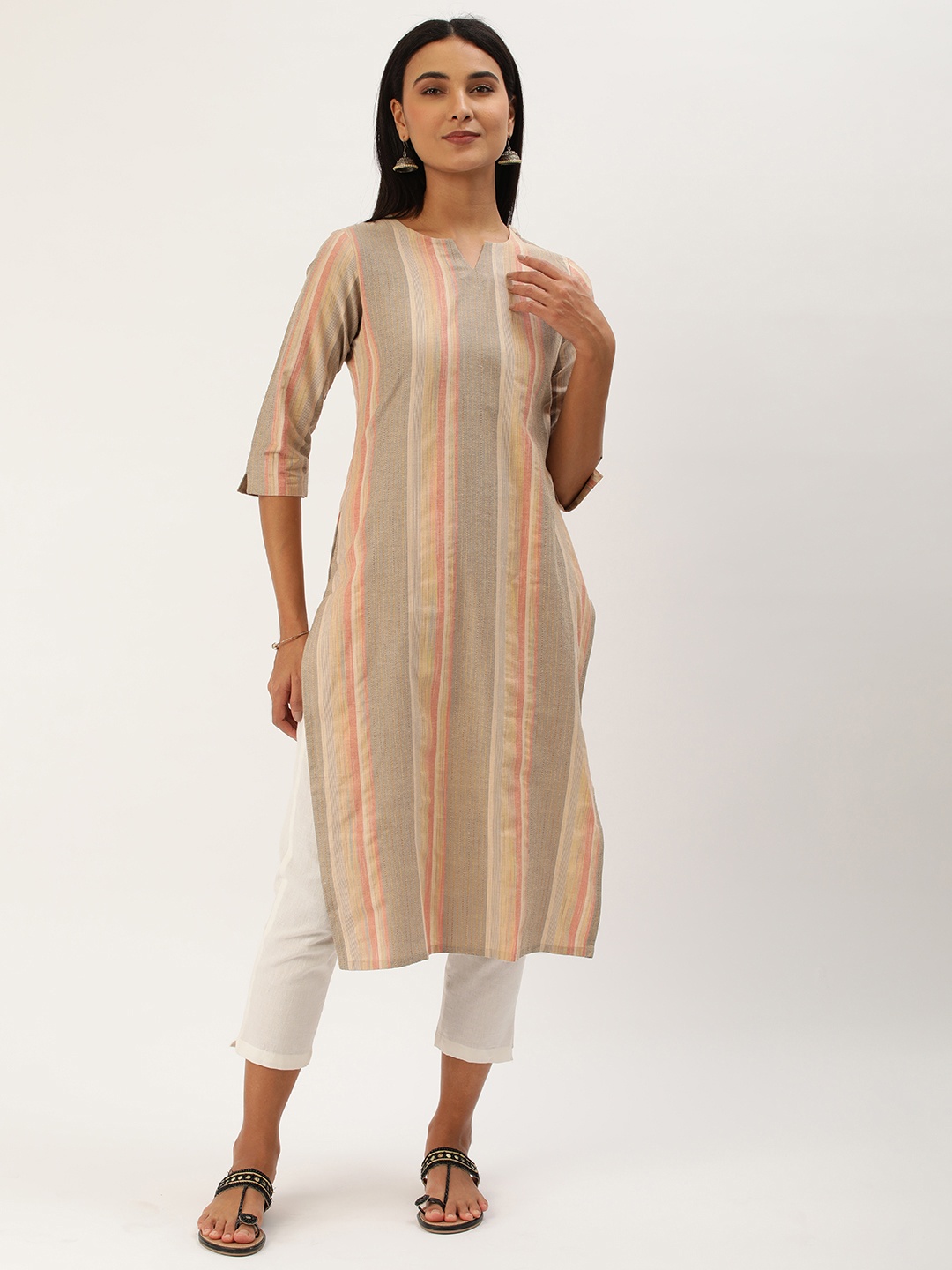 

Saanjh Women Striped Pure Cotton Kurta, Beige