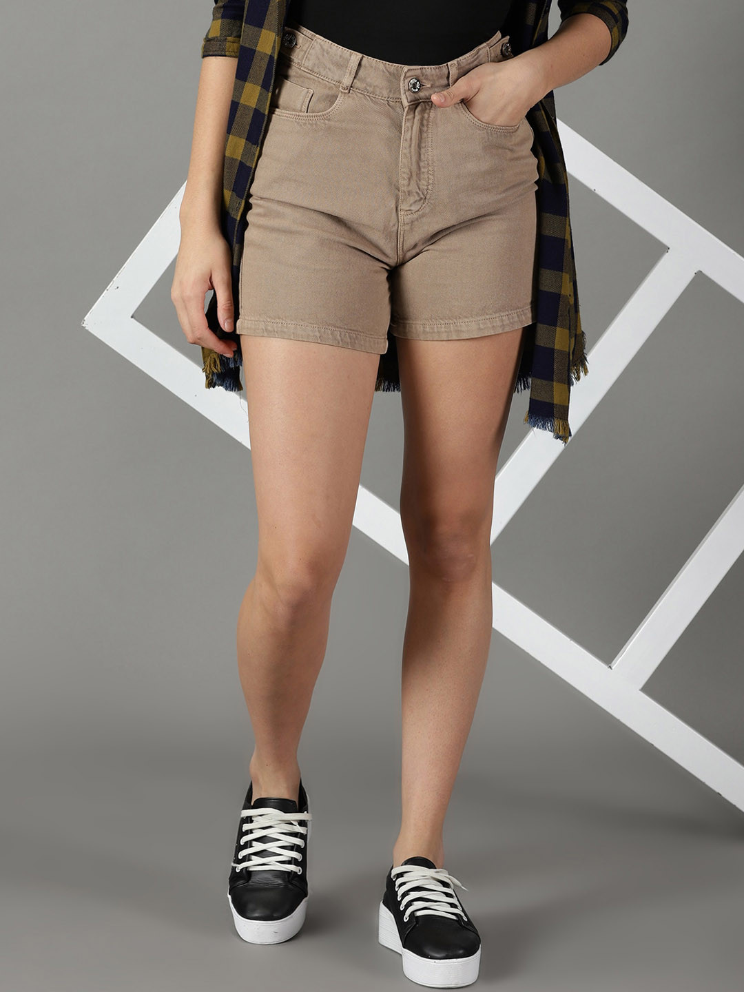 

SHOWOFF Women High-Rise Denim Shorts, Khaki
