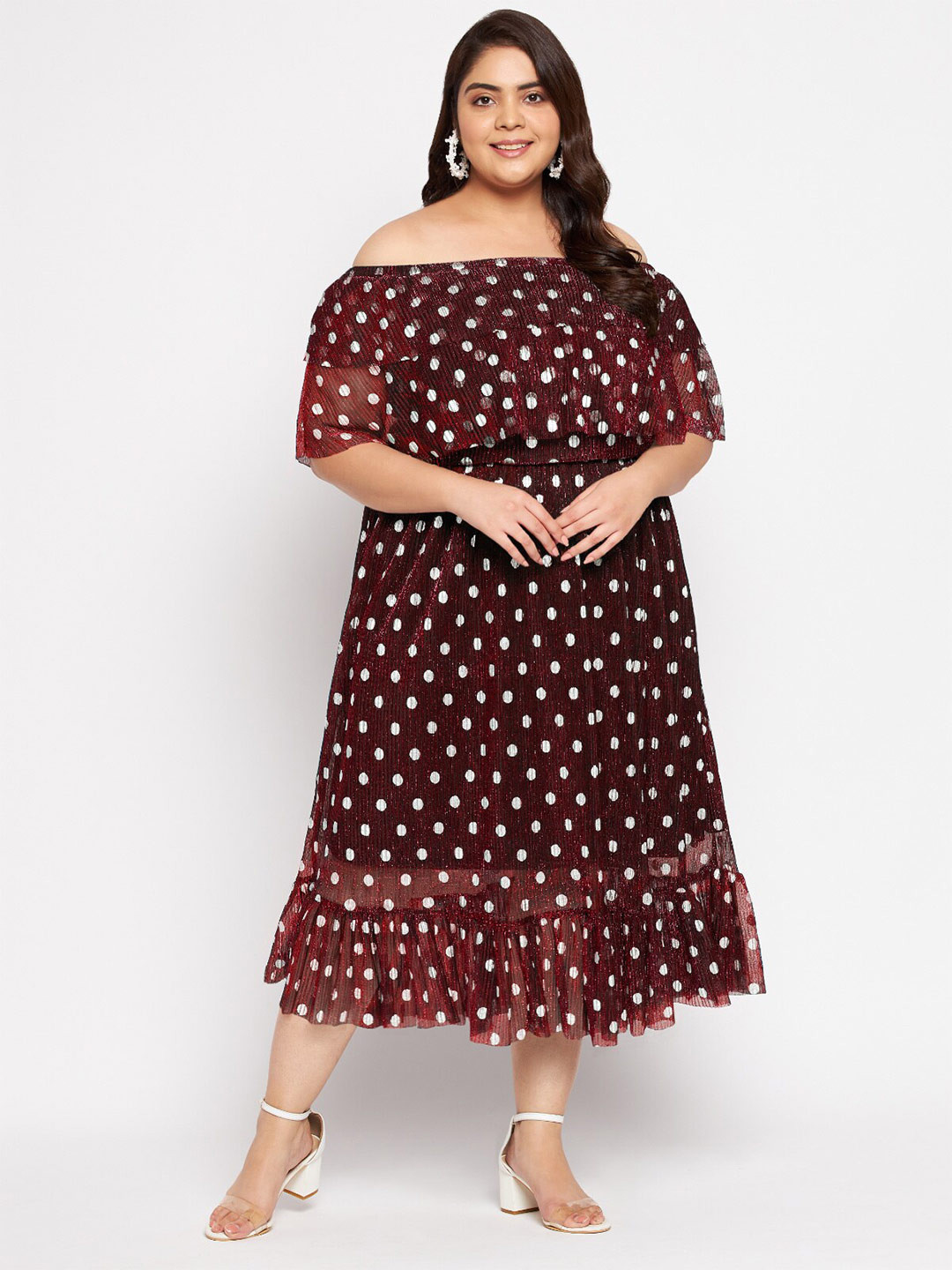 

wild U Maroon Plus Size Polka Dots Printed Off Shoulder Fit & Flare Dress