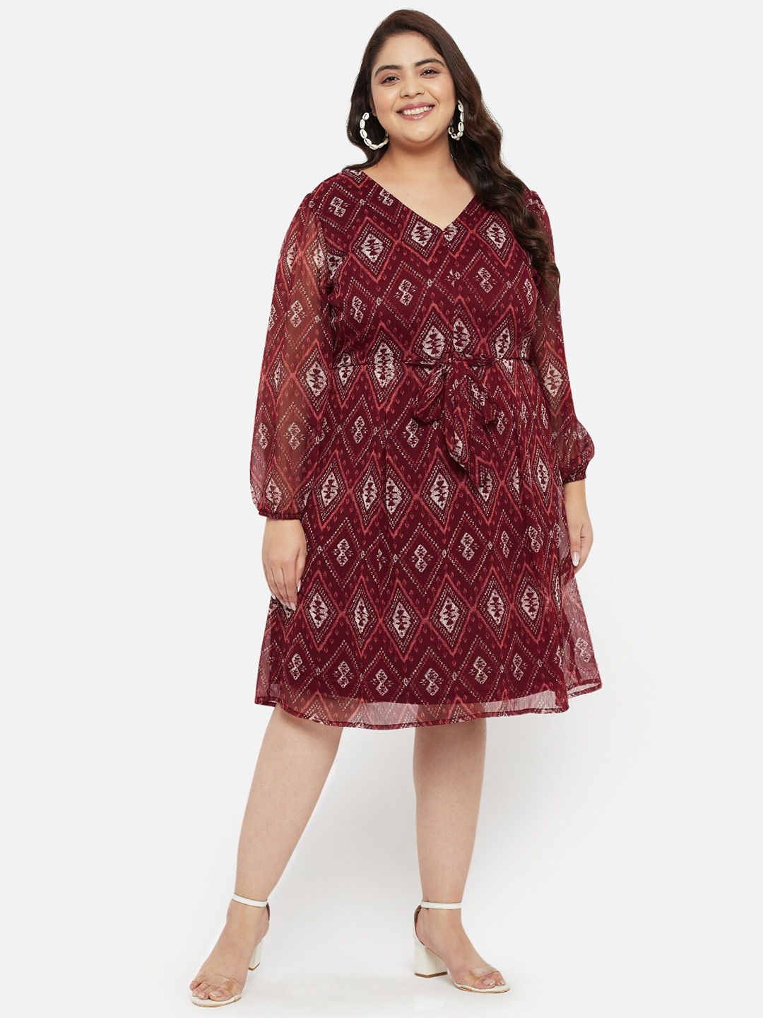 

wild U Plus Size Ethnic Motifs Printed A-Line Dress, Red