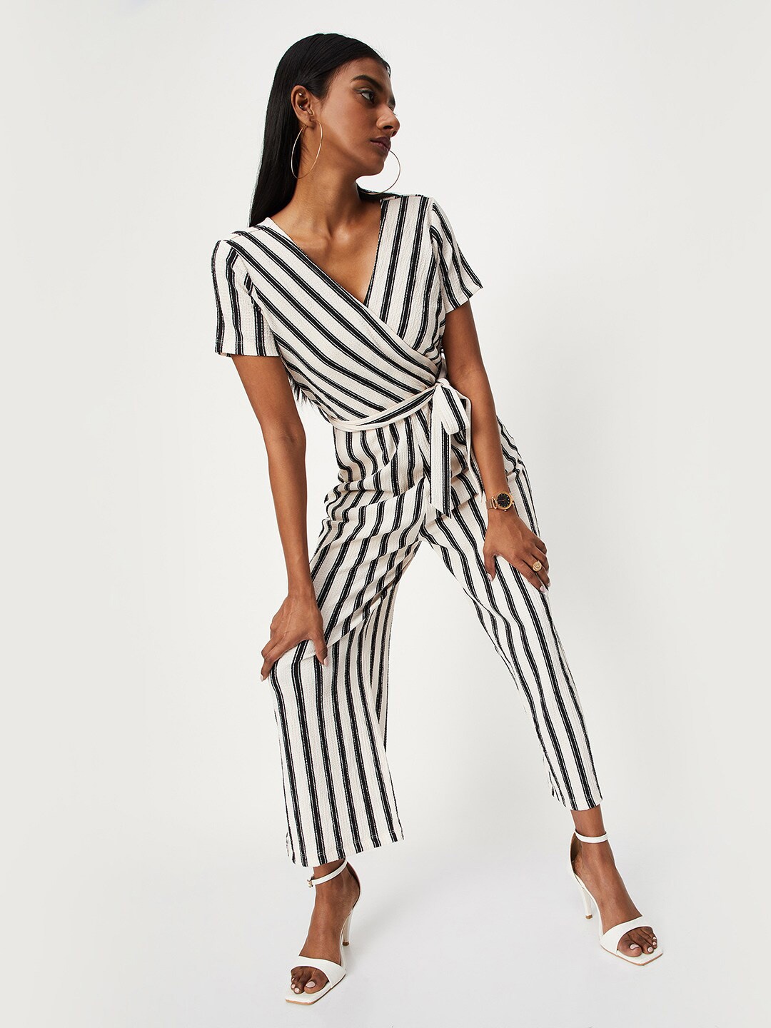 

max Striped Wrap Basic Jumpsuit, Off white