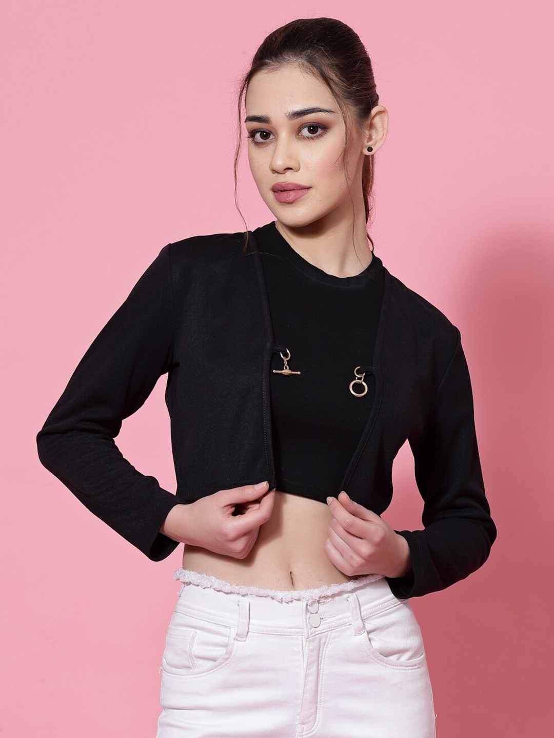 

KASSUALLY Women Front Open Crop Shrug, Black