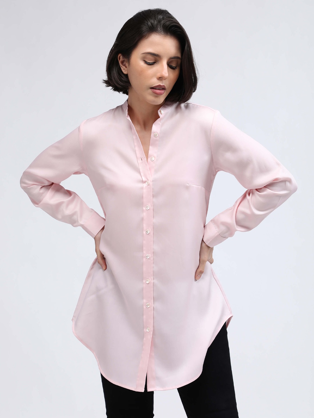 

IDK Mandarin Collar Shirt Style Longline Top, Pink