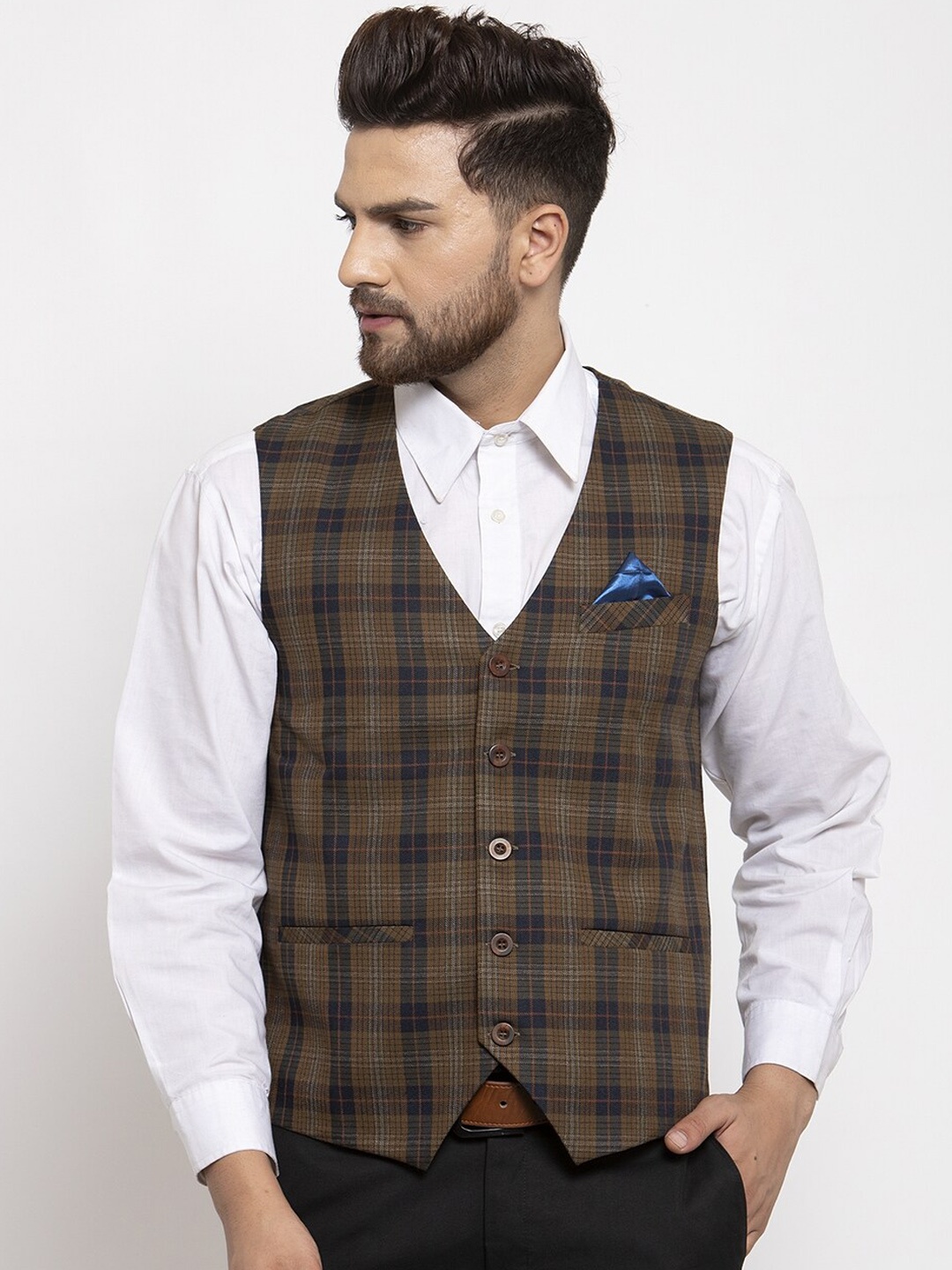 

NEUDIS Men Checked Woven V-Neck Waistcoat, Olive