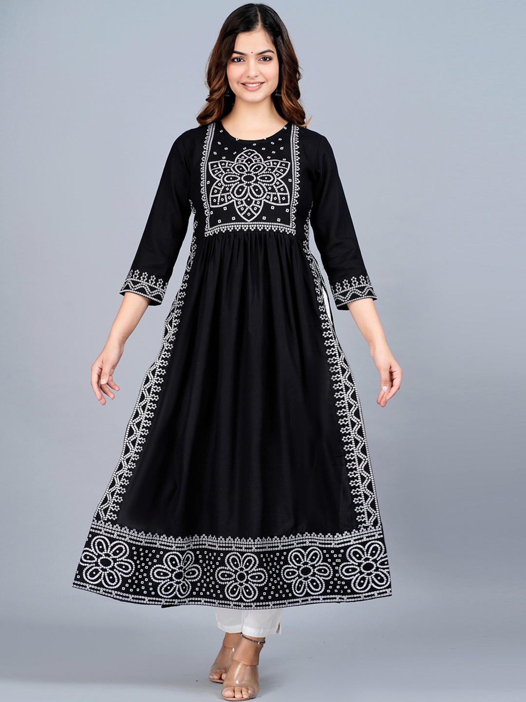 

SAABHI Women Bandhani Printed Round Neck A-Line Kurta, Black