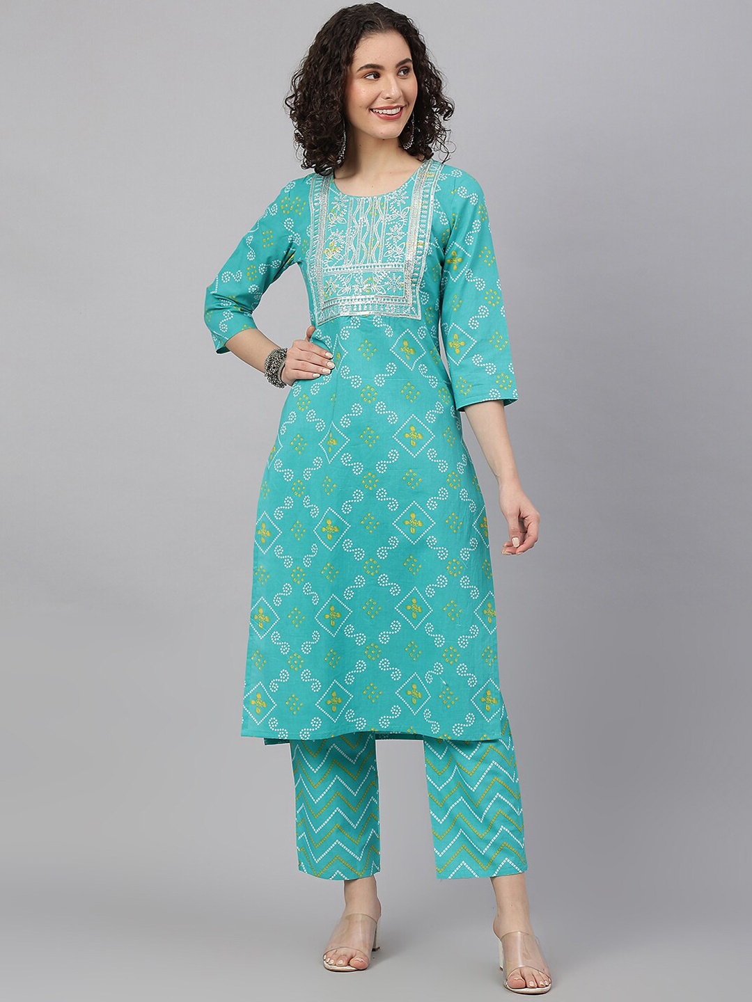 

SAABHI Women Bandhani Printed Zari Detailed Pure Cotton Kurta with Trousers, Turquoise blue