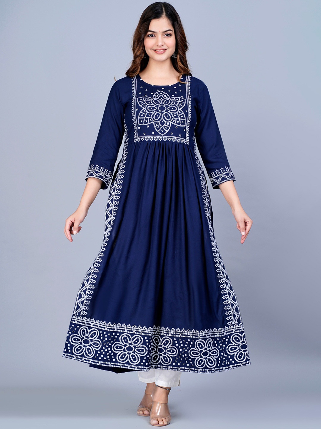 

SAABHI Women Bandhani Printed Round Neck A-Line Kurta, Blue