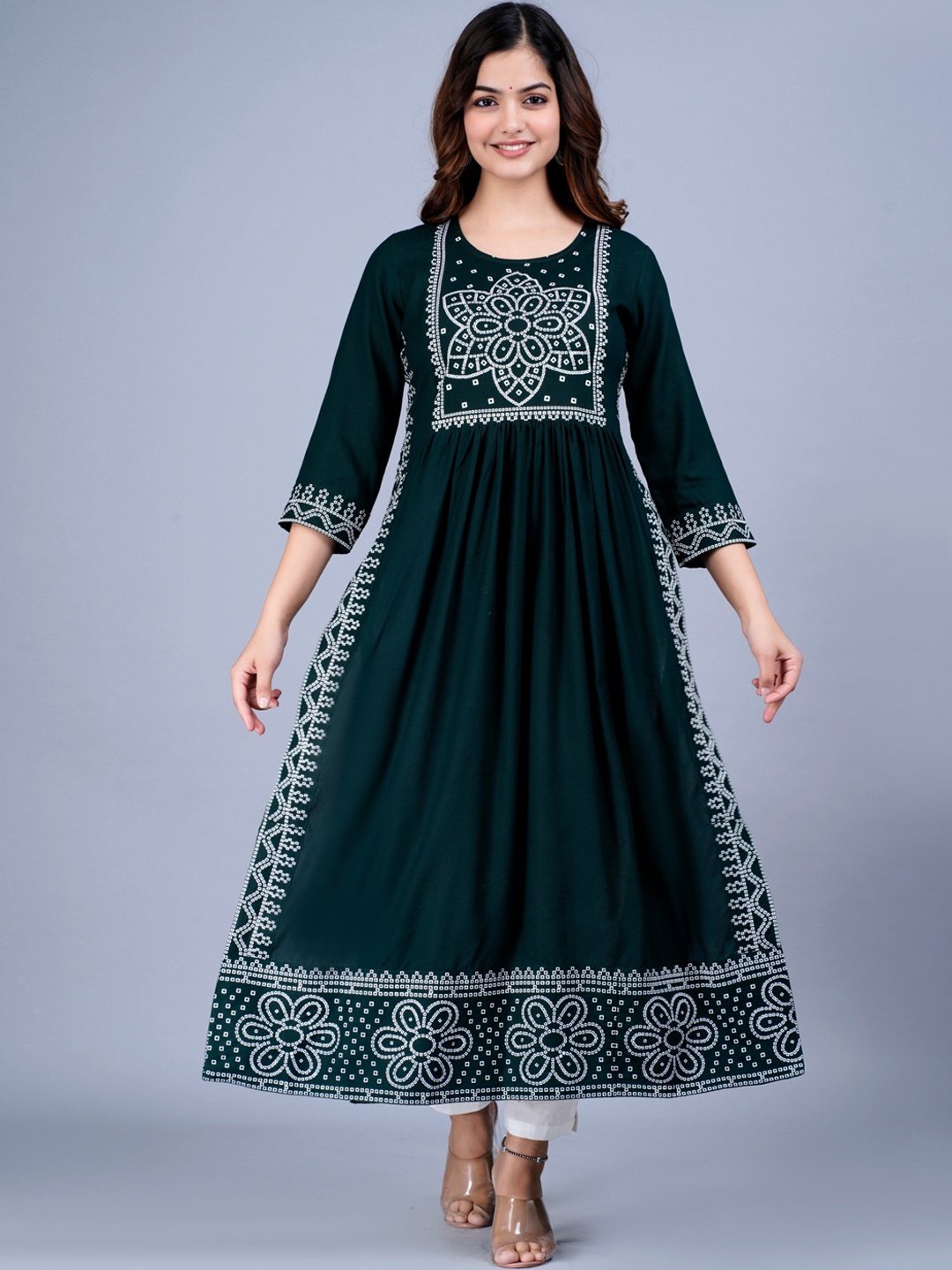 

SAABHI Women Bandhani Printed Round Neck A-Line Kurta, Green