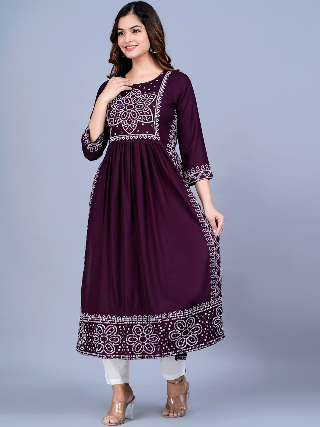 

SAABHI Women Bandhani Printed Round Neck A-Line Kurta, Purple