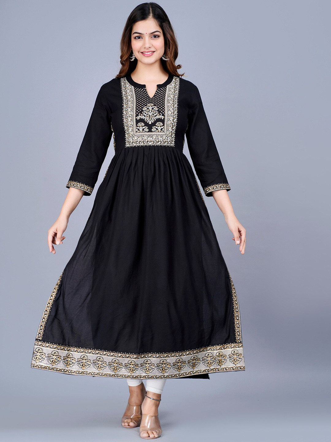 

SAABHI Women Yoke Design Thread Work A-Line Kurta, Black