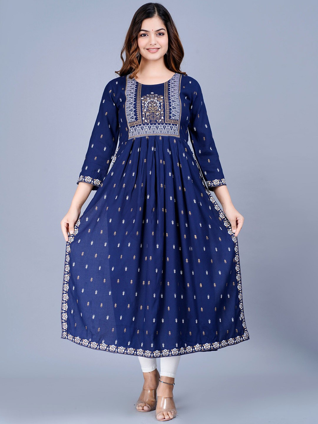 

SAABHI Round Neck Ethnic Motifs Printed Mirror Work A-Line Kurta, Blue