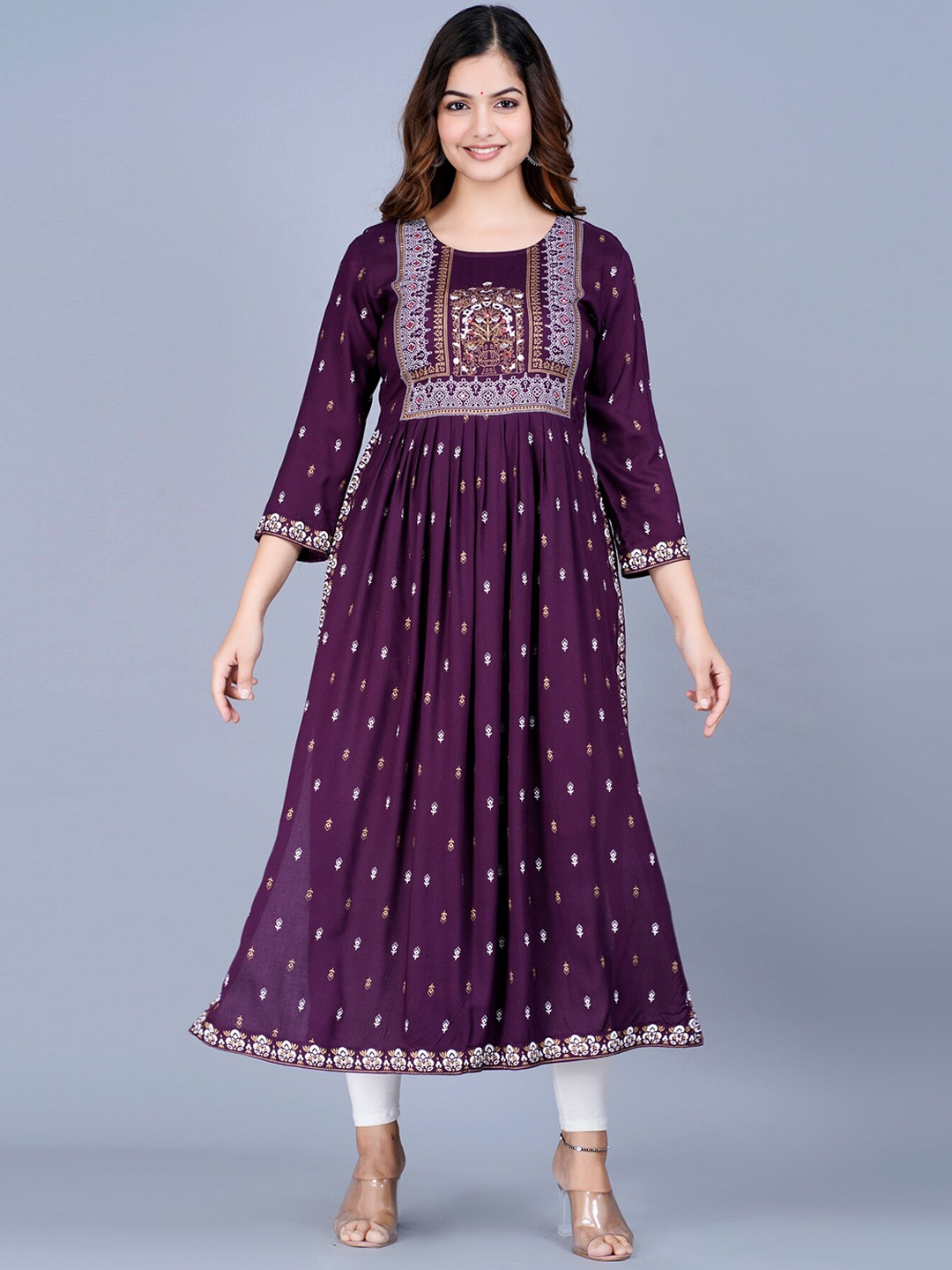 

SAABHI Women Printed Round Neck A-Line Kurta, Purple