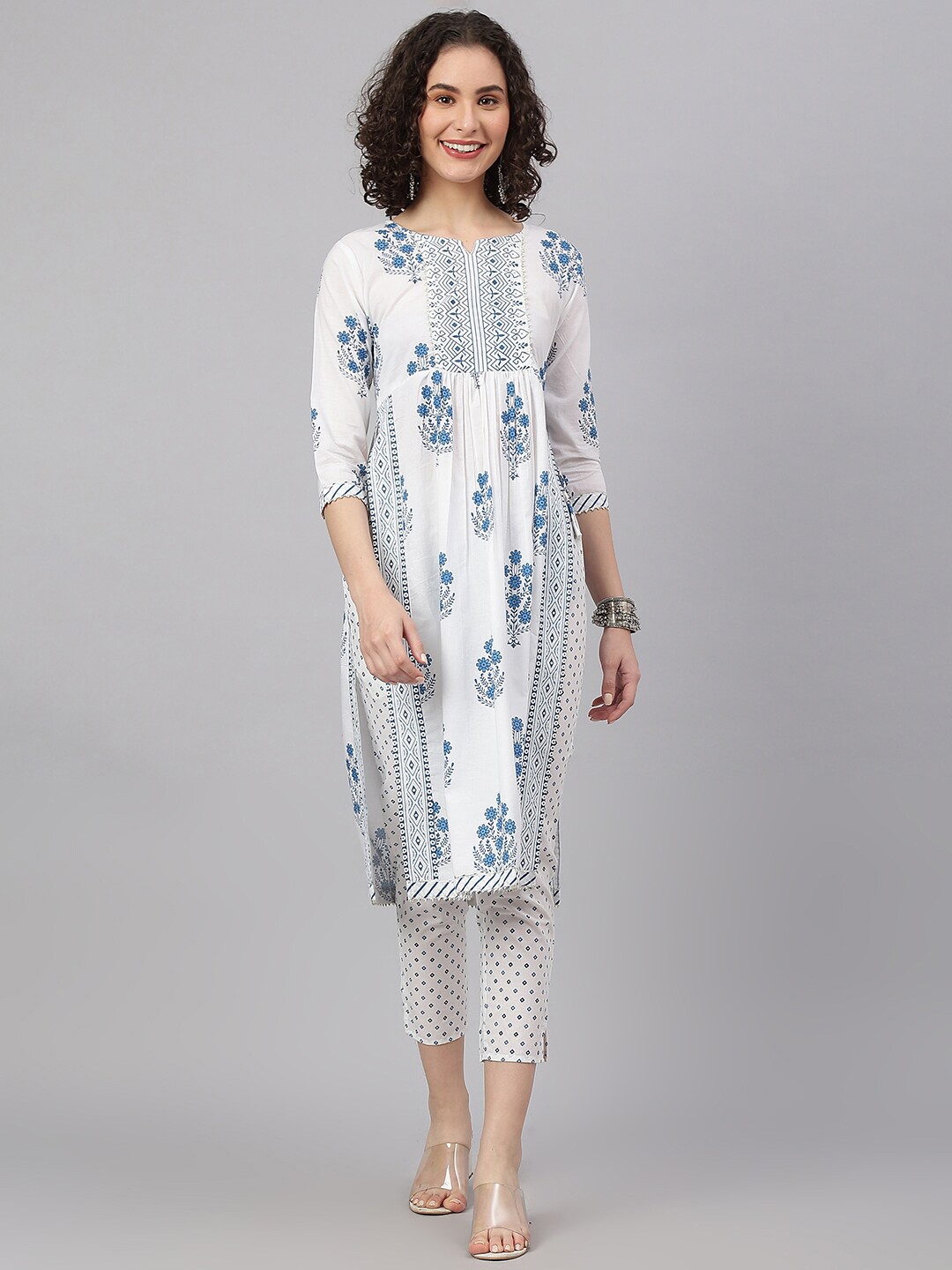 

SAABHI Floral Printed Pleated Gotta Patti Pure Cotton Kurta with Trousers, Blue