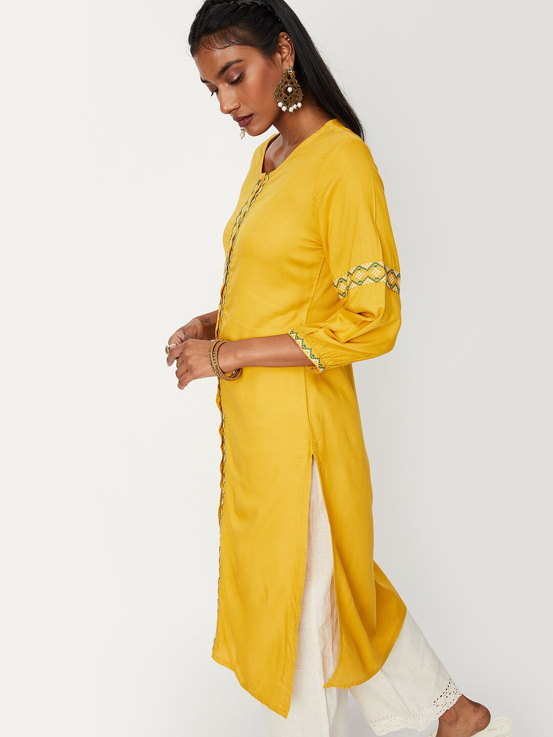 

max Women Mustard Yellow & Green Thread Work Kurta