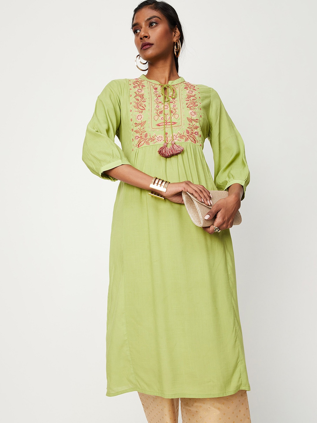 

max Women Floral Embroidered Tie-Up Neck Kurta, Lime green