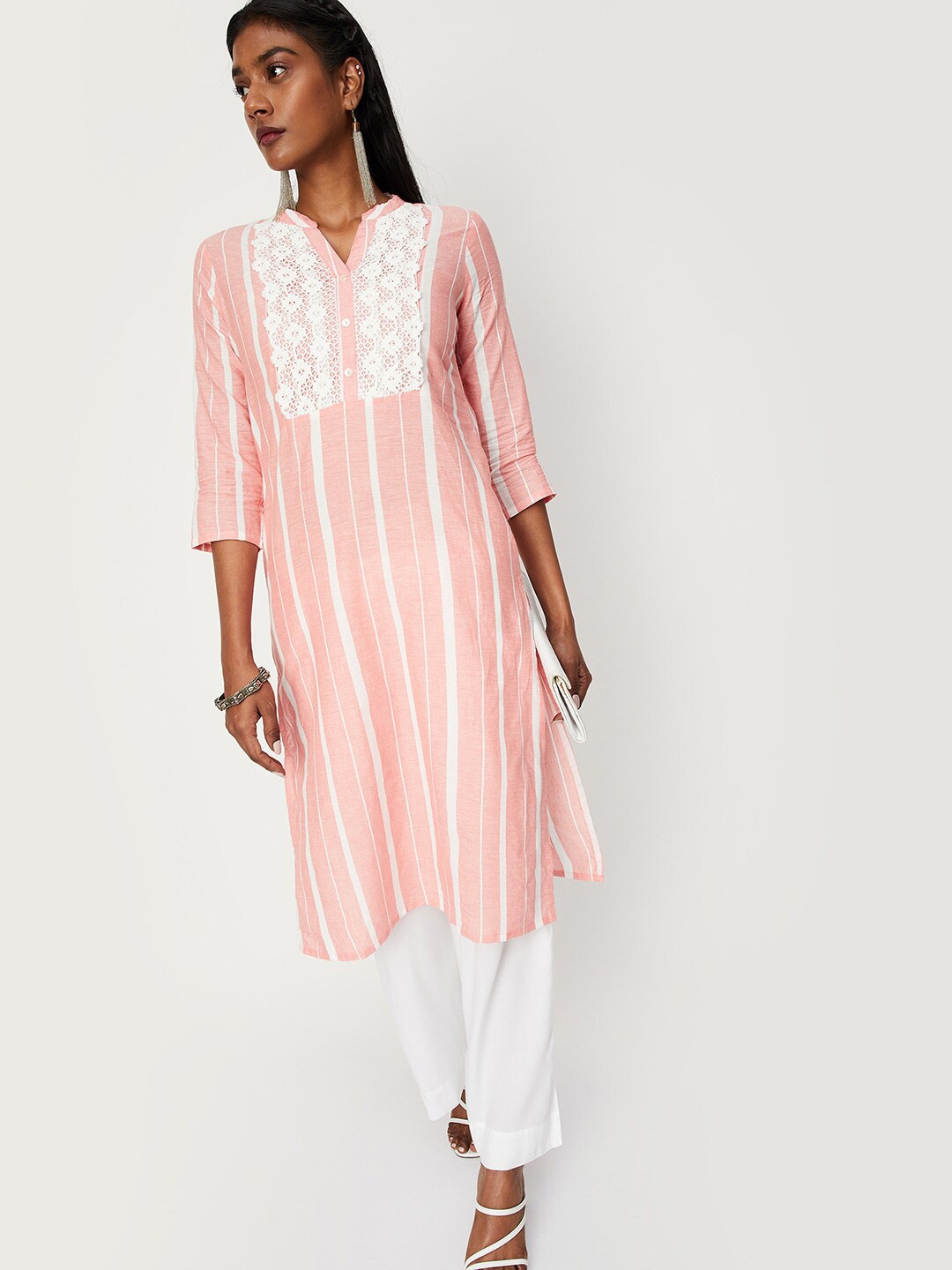 

max Women Striped Thread Work Straight Pure Cotton Kurta, Pink