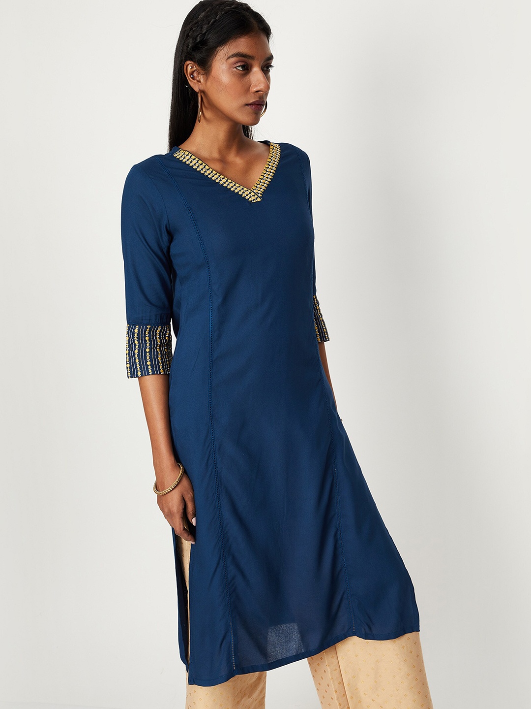 

max Women V-Neck Straight Kurta, Navy blue