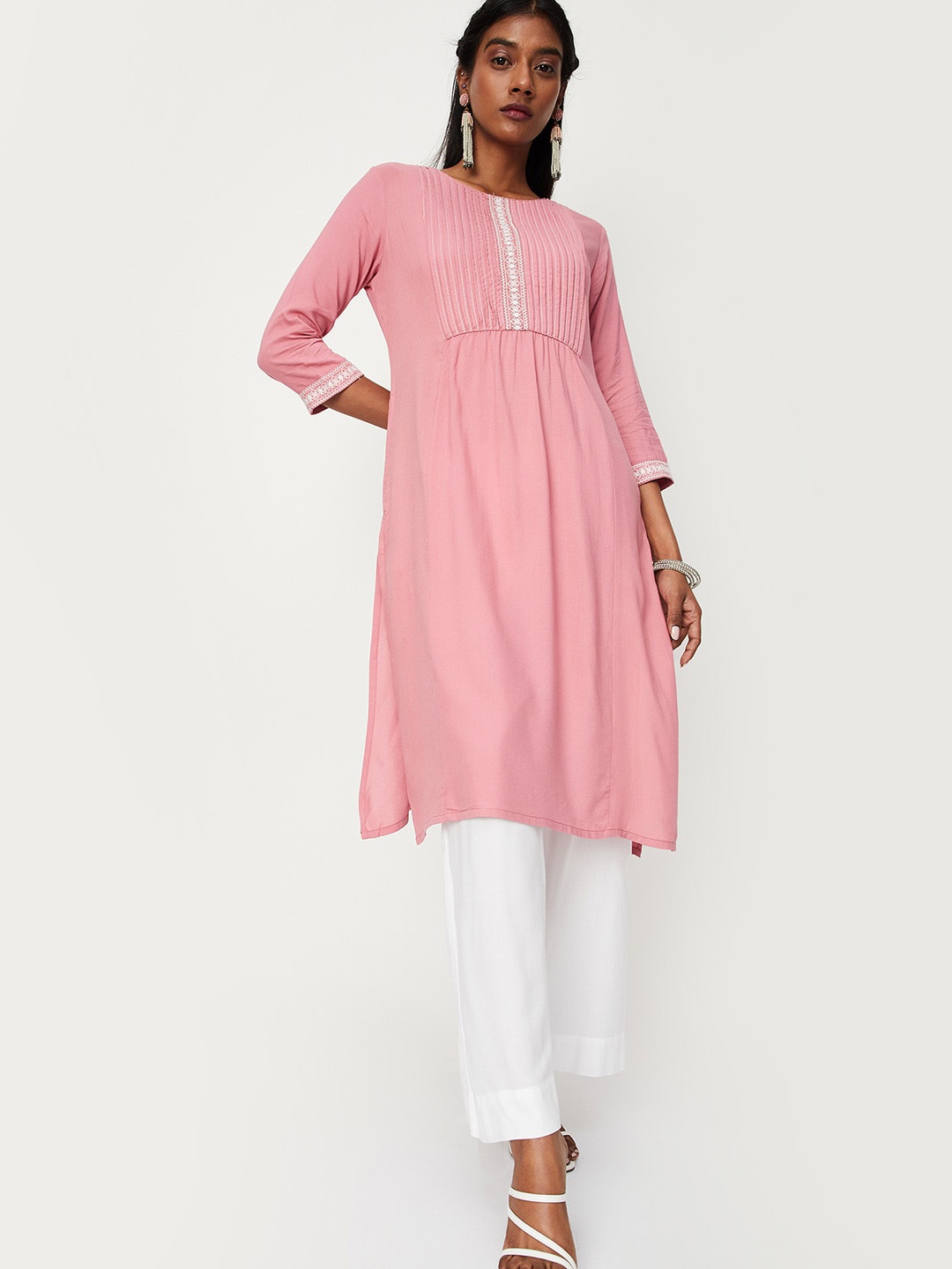 

max Women Thread Work A-Line Kurta, Pink