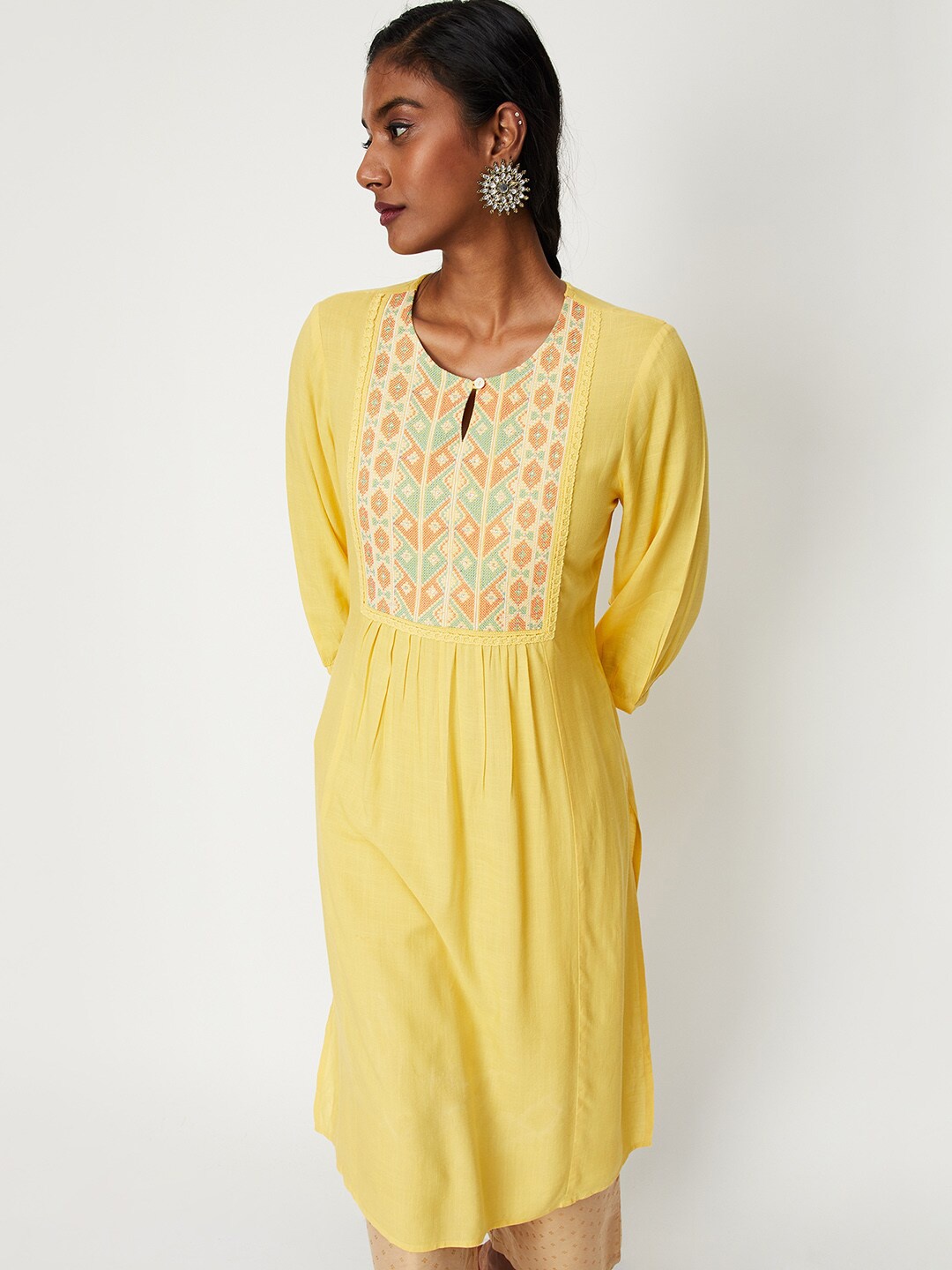 

max Women Keyhole Neck Thread Work Kurta, Yellow