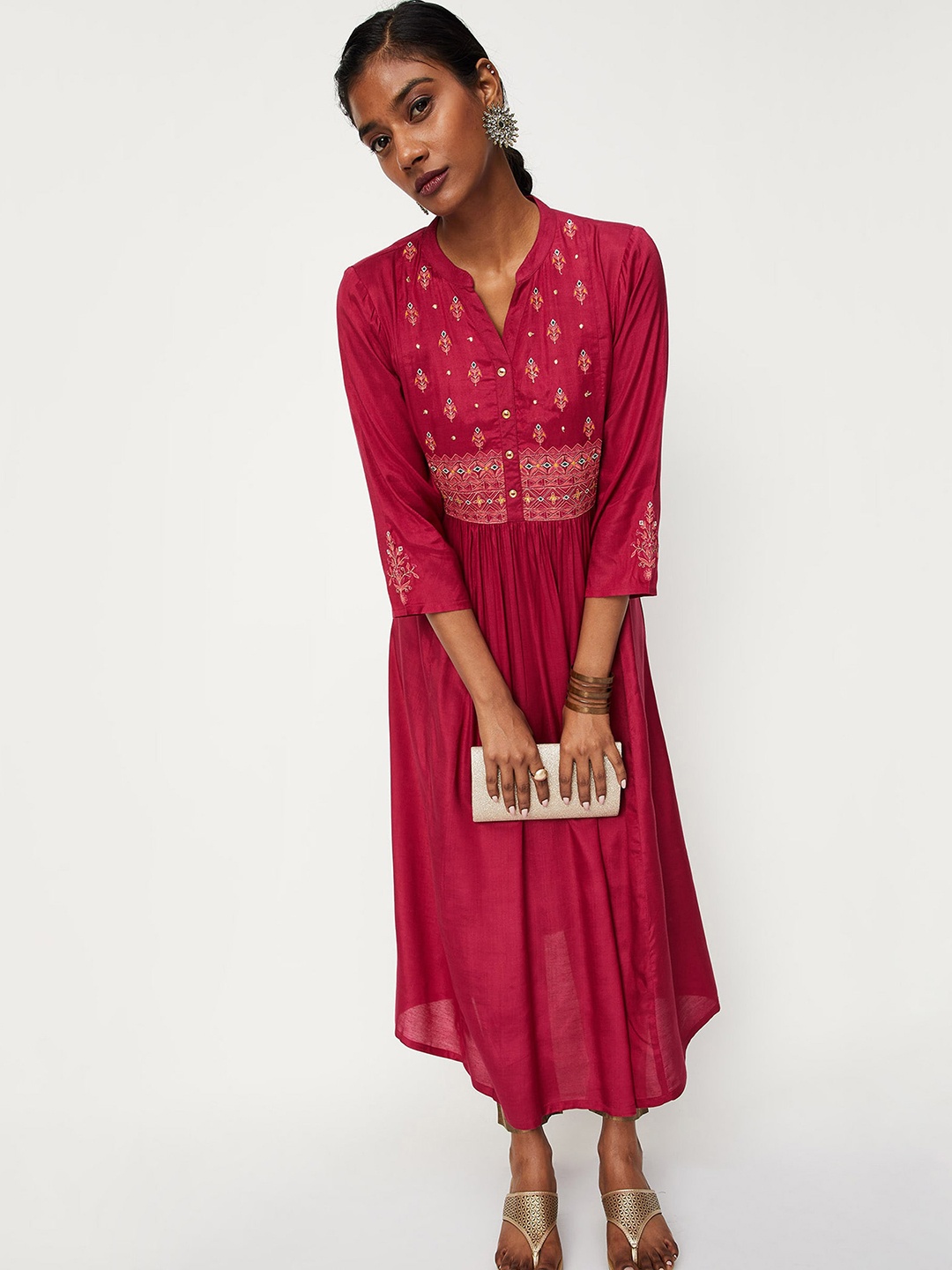 

max Women Ethnic Motifs Embroidered A-Line Pleated Kurta, Fuchsia