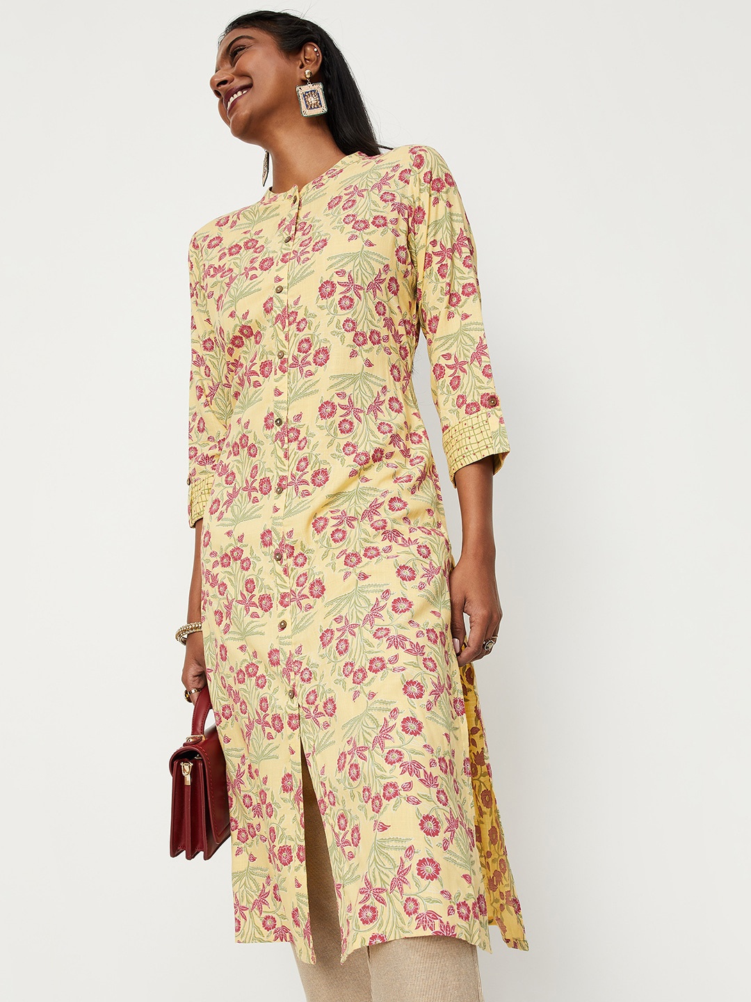 

max Women Floral Printed Mandarin Collar Kurta, Yellow