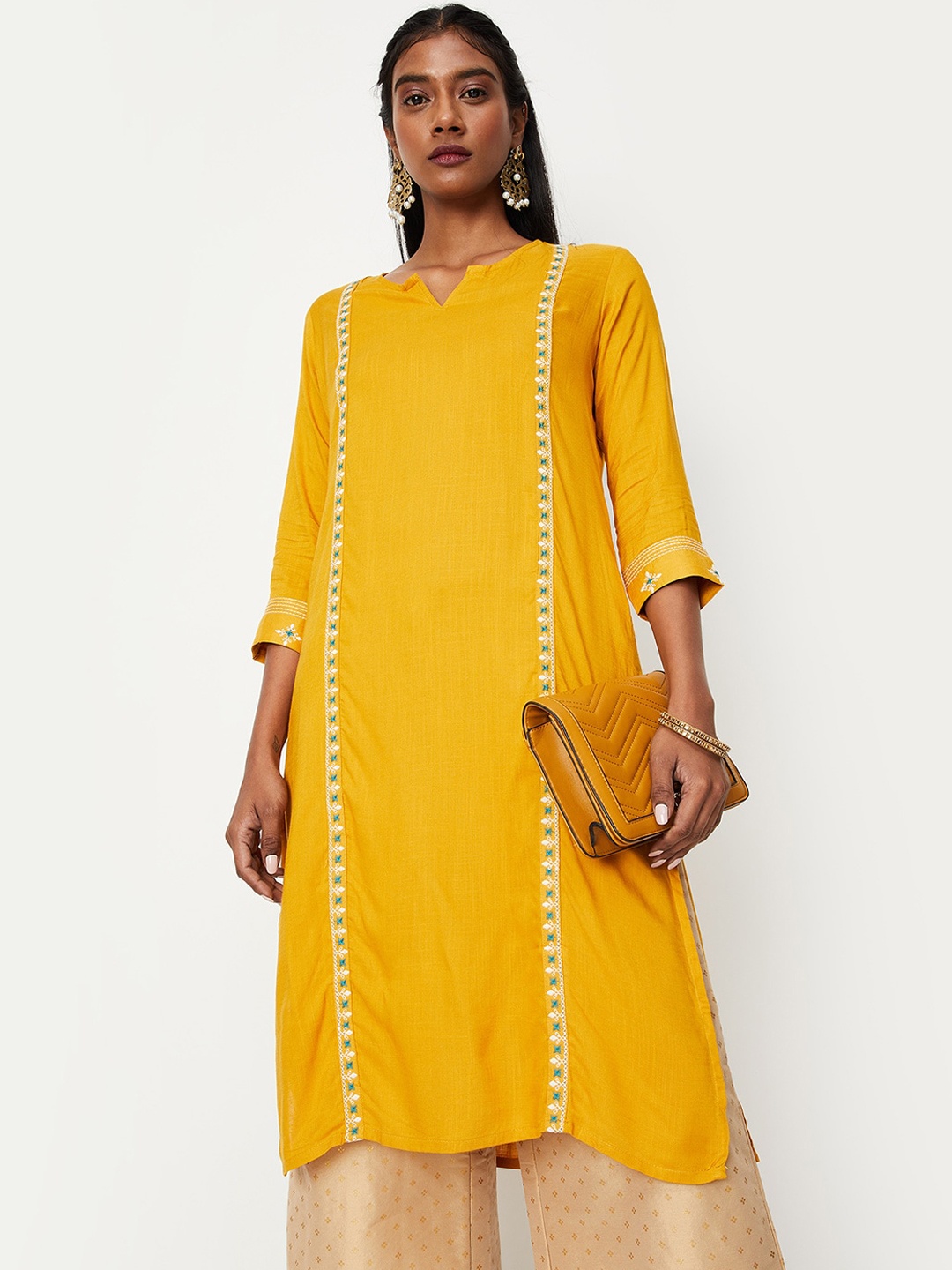 

max Women Notch Neck Thread Work Kurta, Yellow