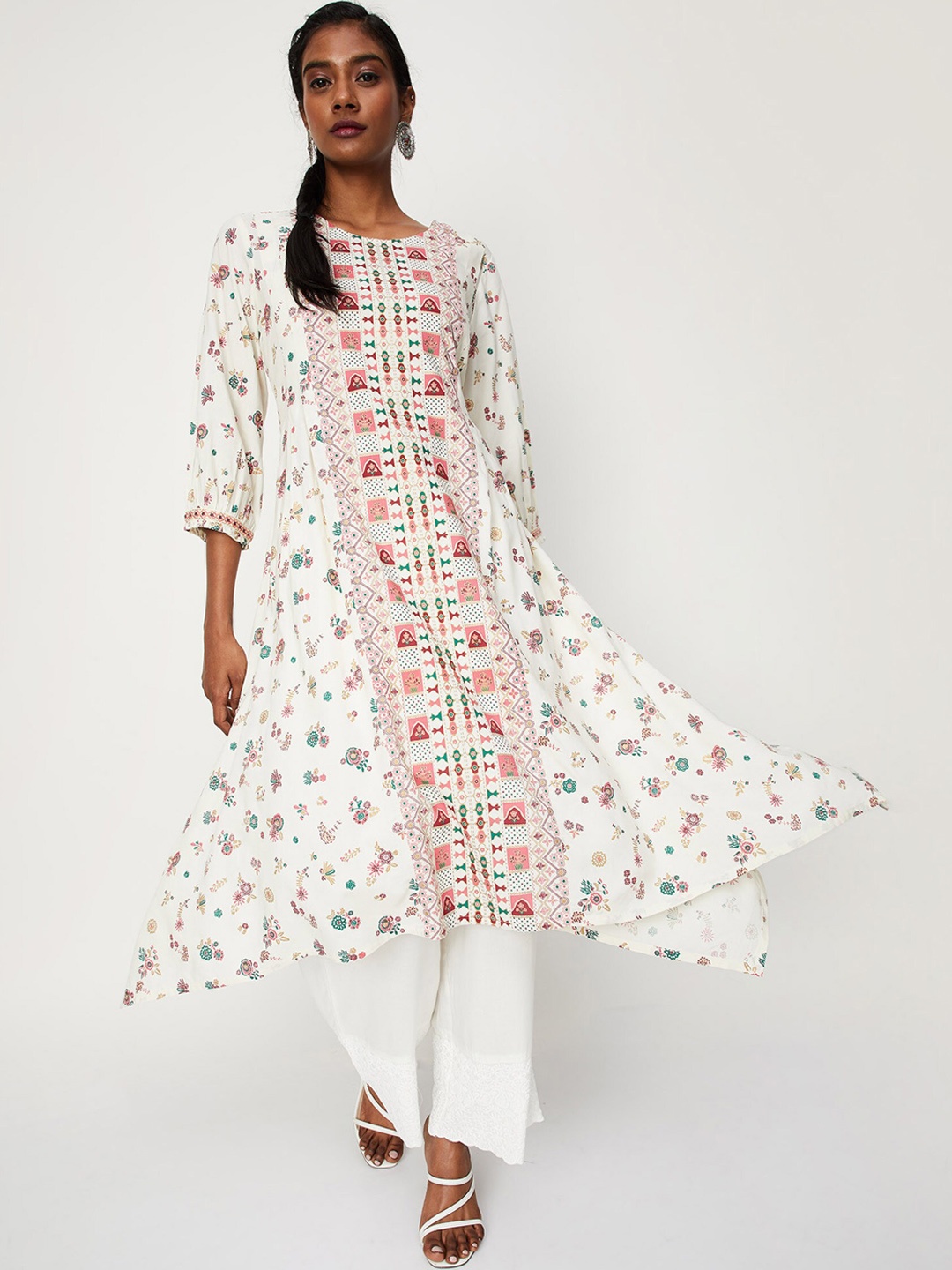 

max Women Round Neck Floral Printed A-Line Kurta, Off white