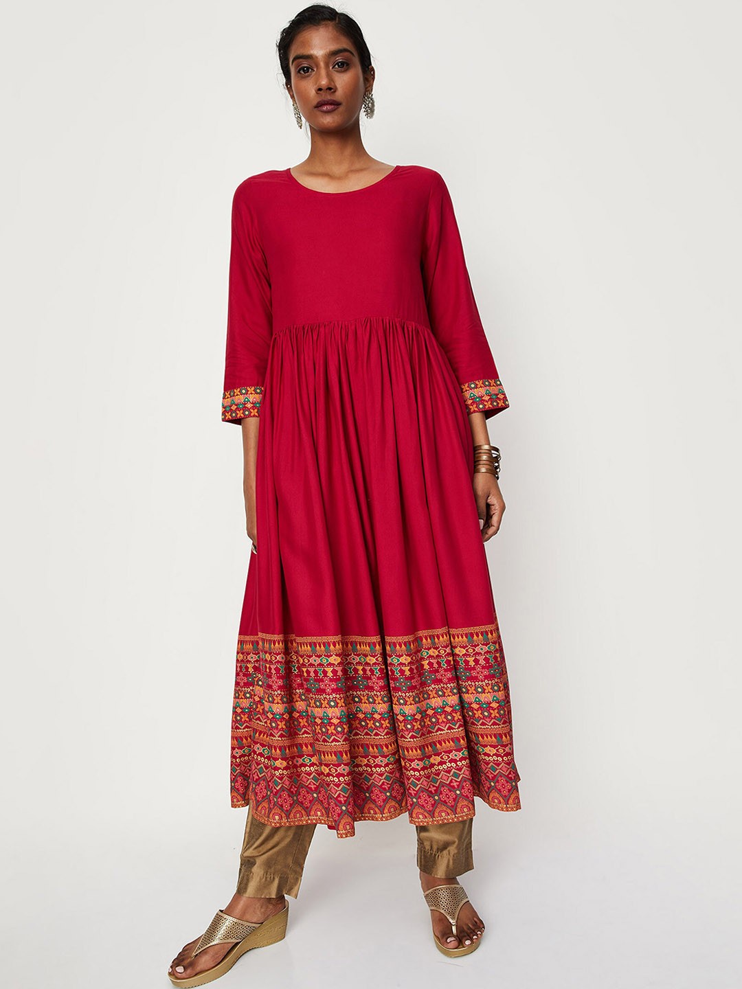 

max Round Neck Ethnic Motifs Printed Anarkali Kurta, Pink
