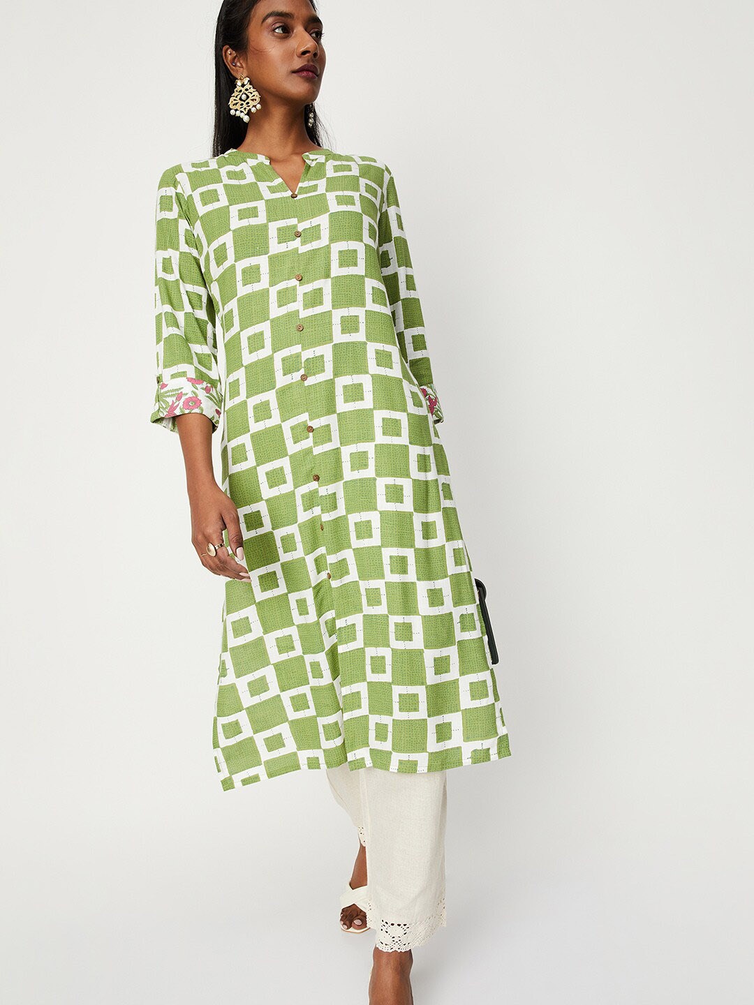 

max Women Geometric Printed Kurta, Green