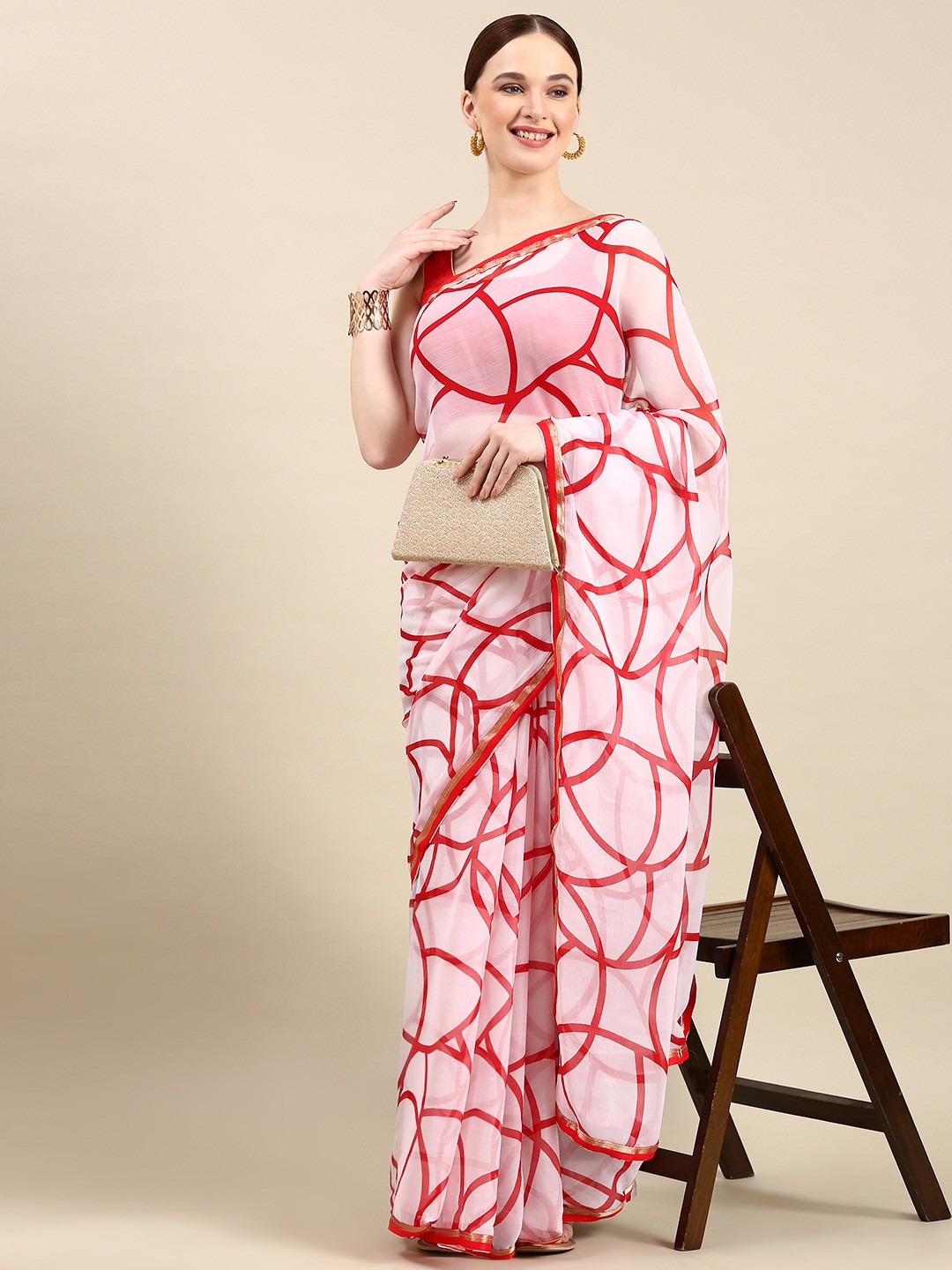 

HERE&NOW Pure Chiffon Bandhani Saree, Red