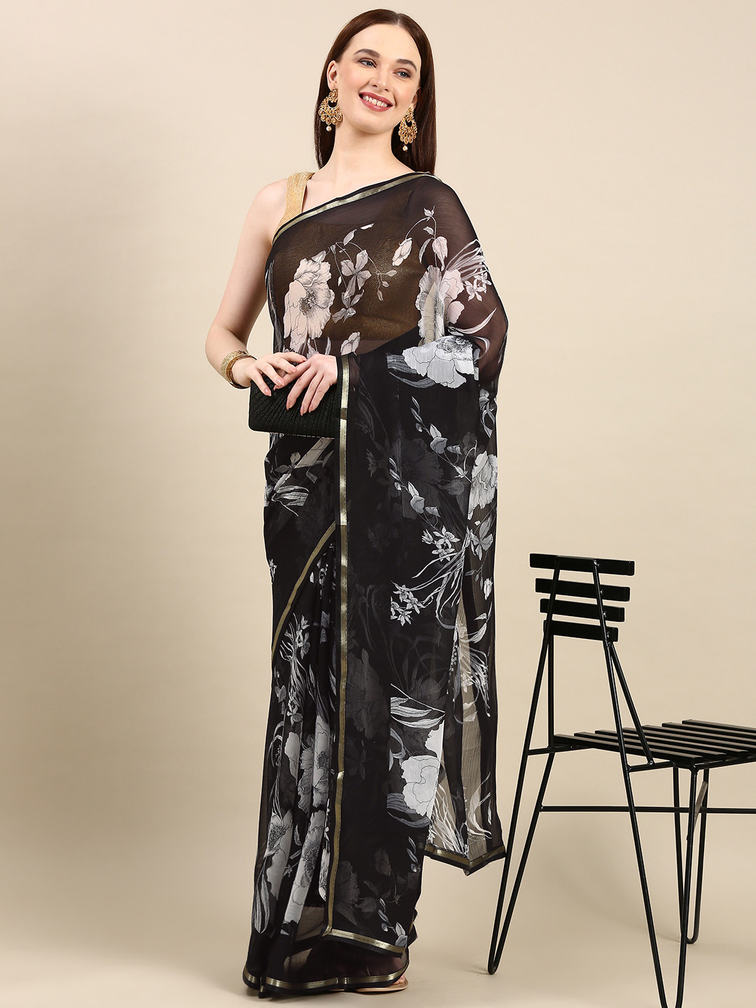 

HERE&NOW Floral Bandhani Saree, Black