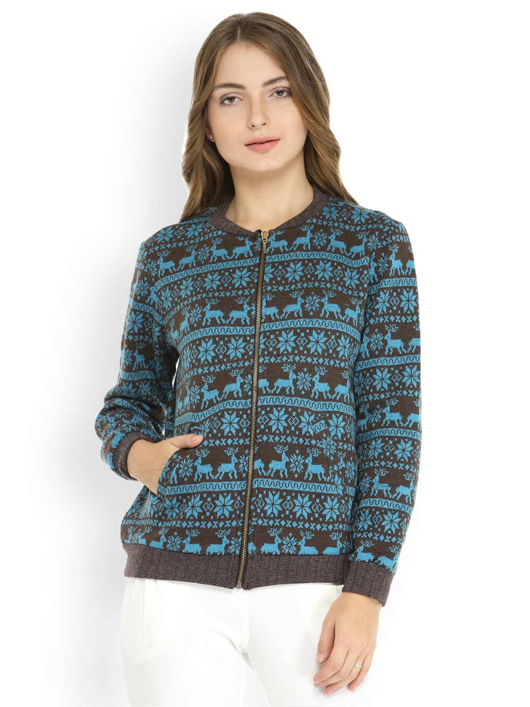 

Zima Leto Women Blue & Brown Self Design Sweatshirt