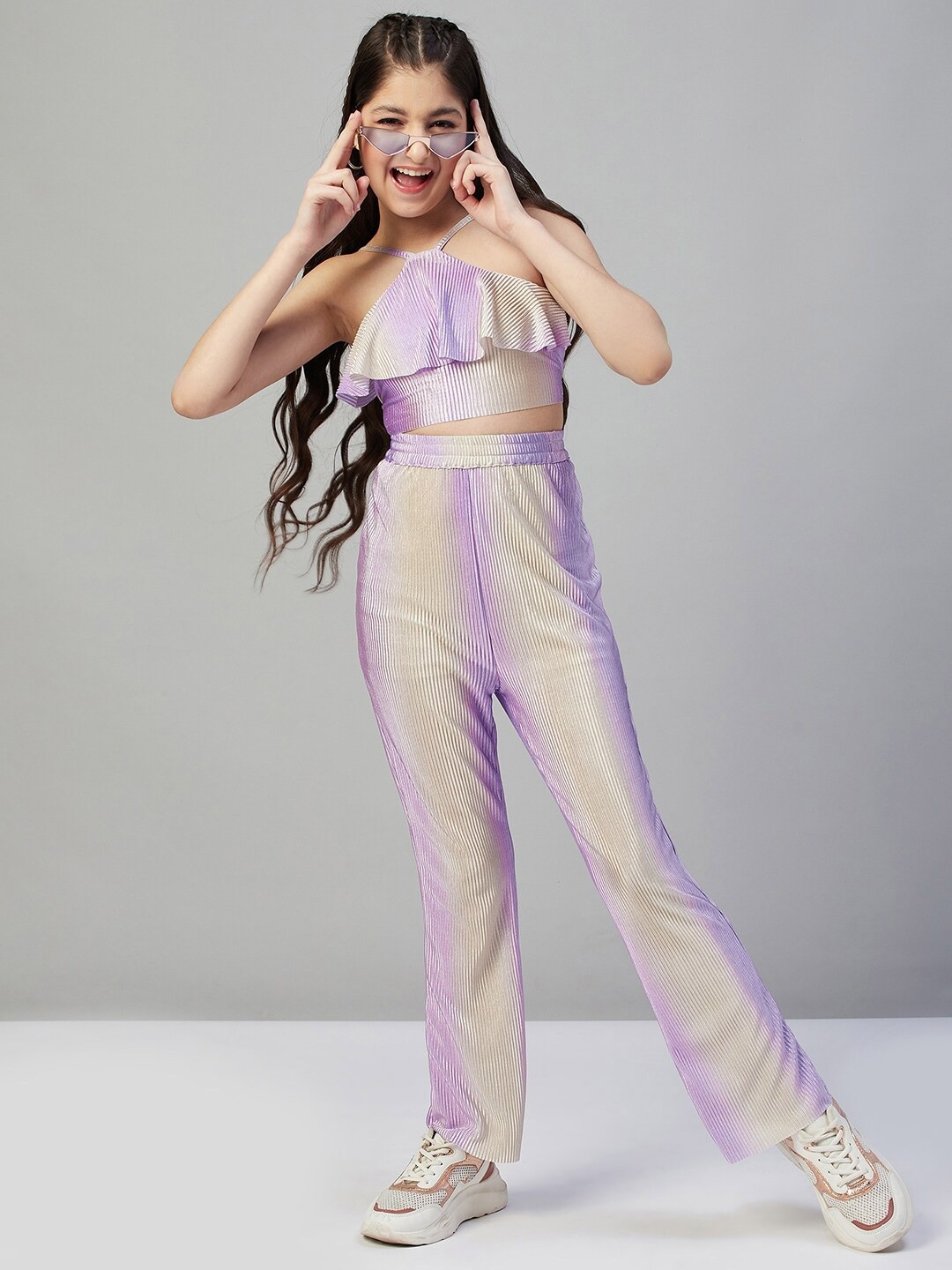

Stylo Bug Girls Striped Crop Top with Trousers Set, Purple