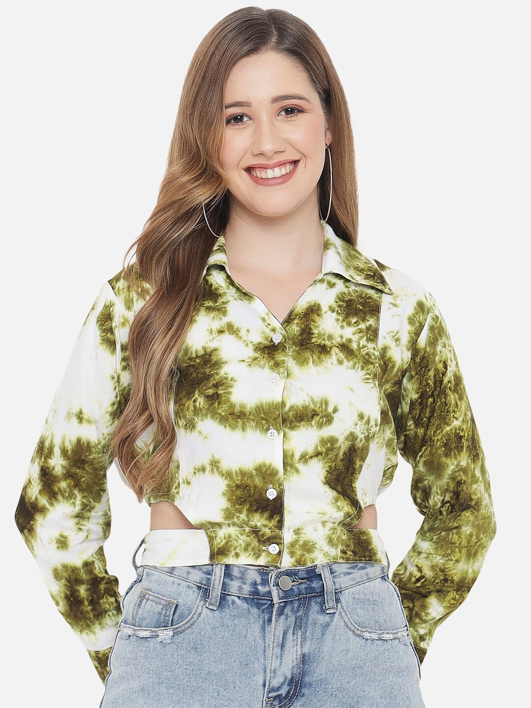 

Indietoga Plus Size Tie and Dye Tie-Up Shirt Style Crop Top, Green