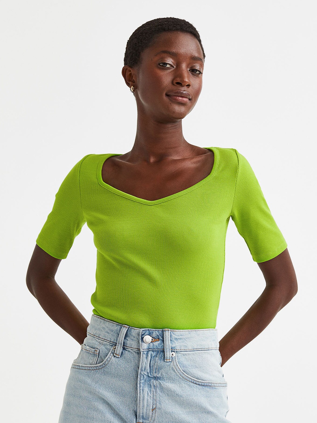 

H&M Women Ribbed Jersey Top, Lime green