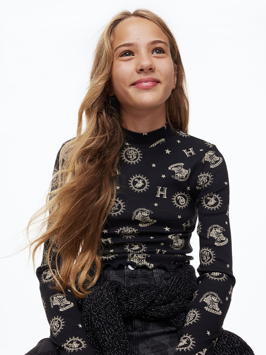 

H&M Girls Patterned Jersey Top, Black