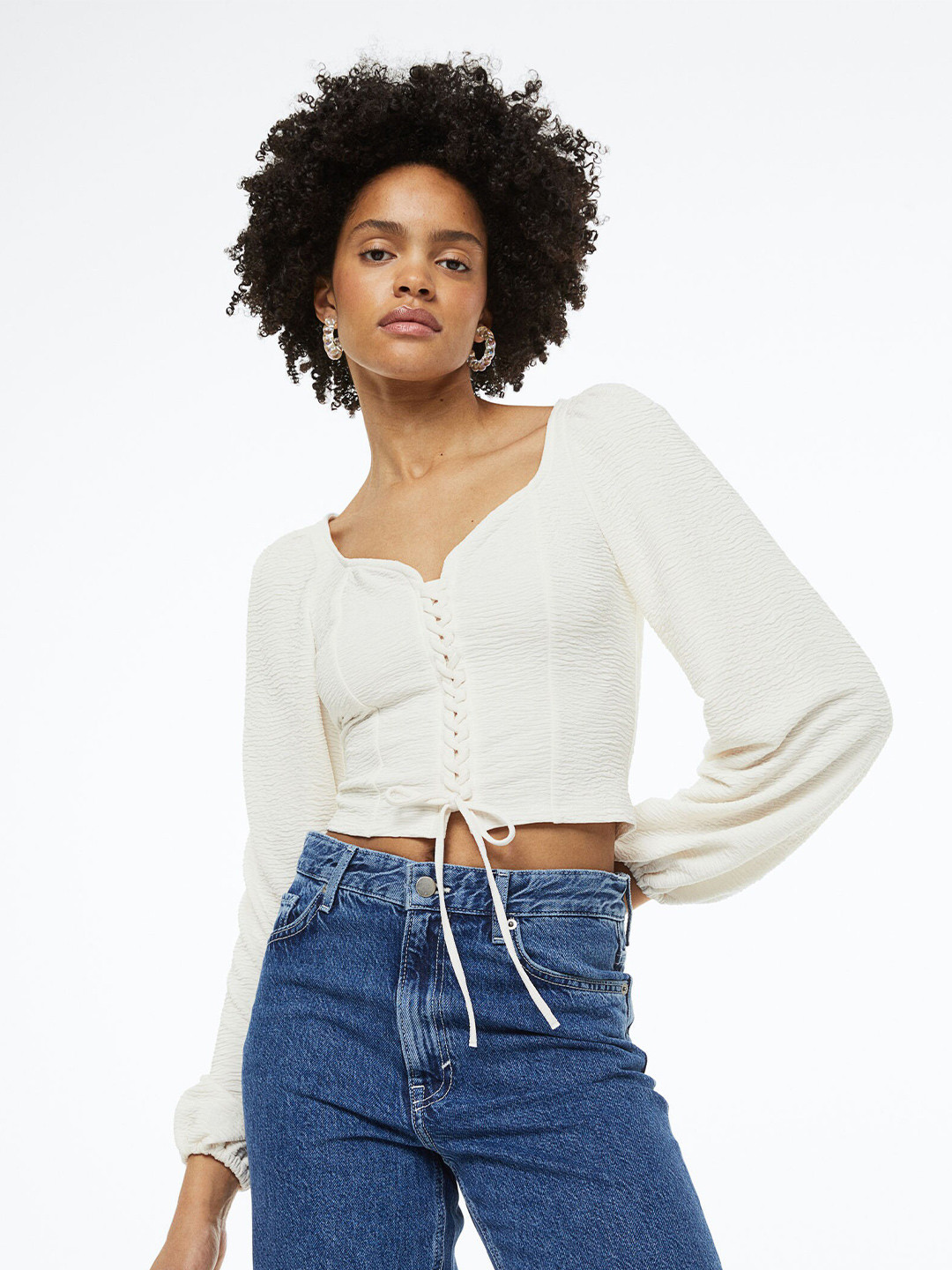 

H&M Women Top With Lacing, White