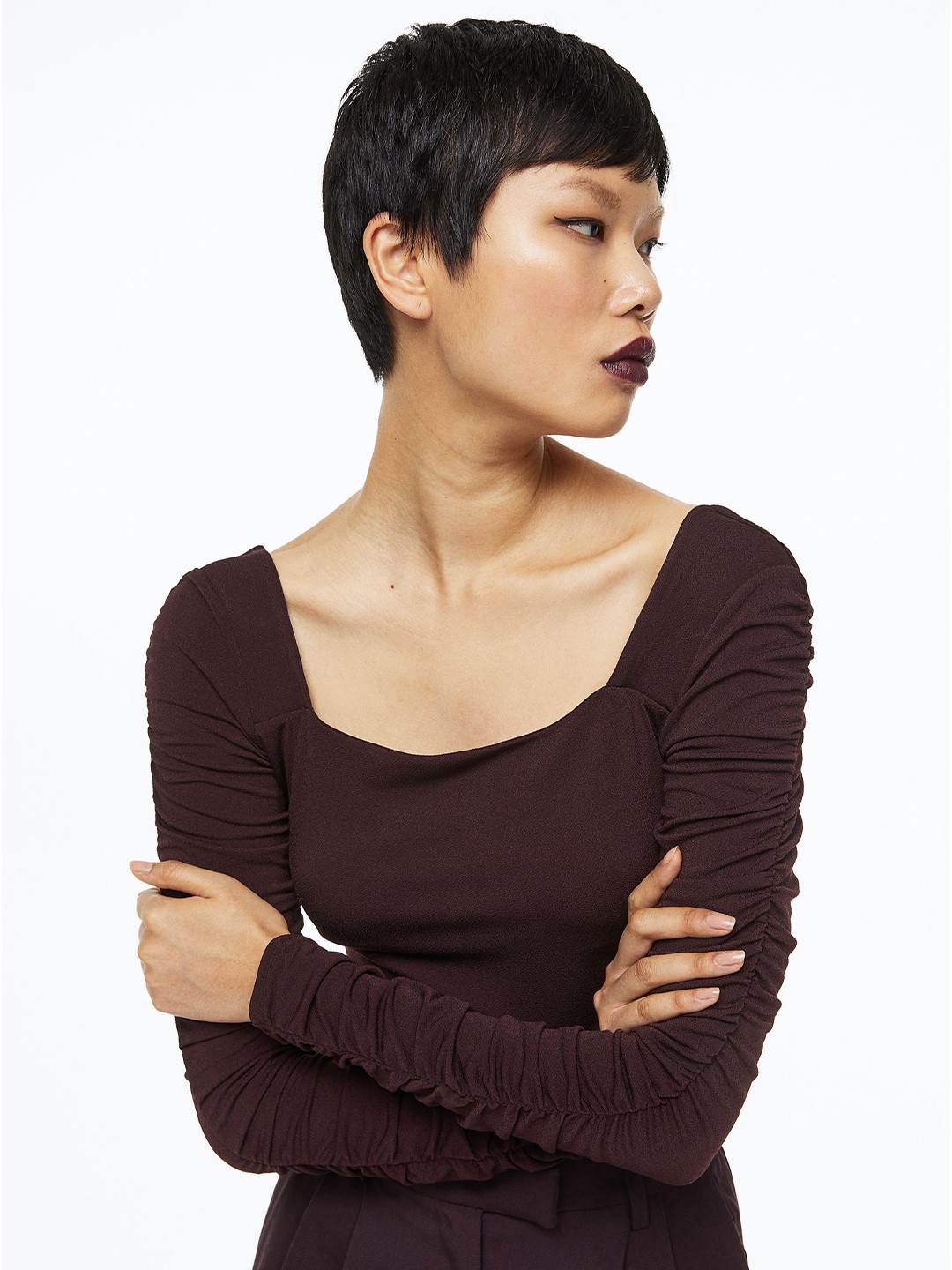 

H&M Gathered-Sleeve Jersey Top, Burgundy