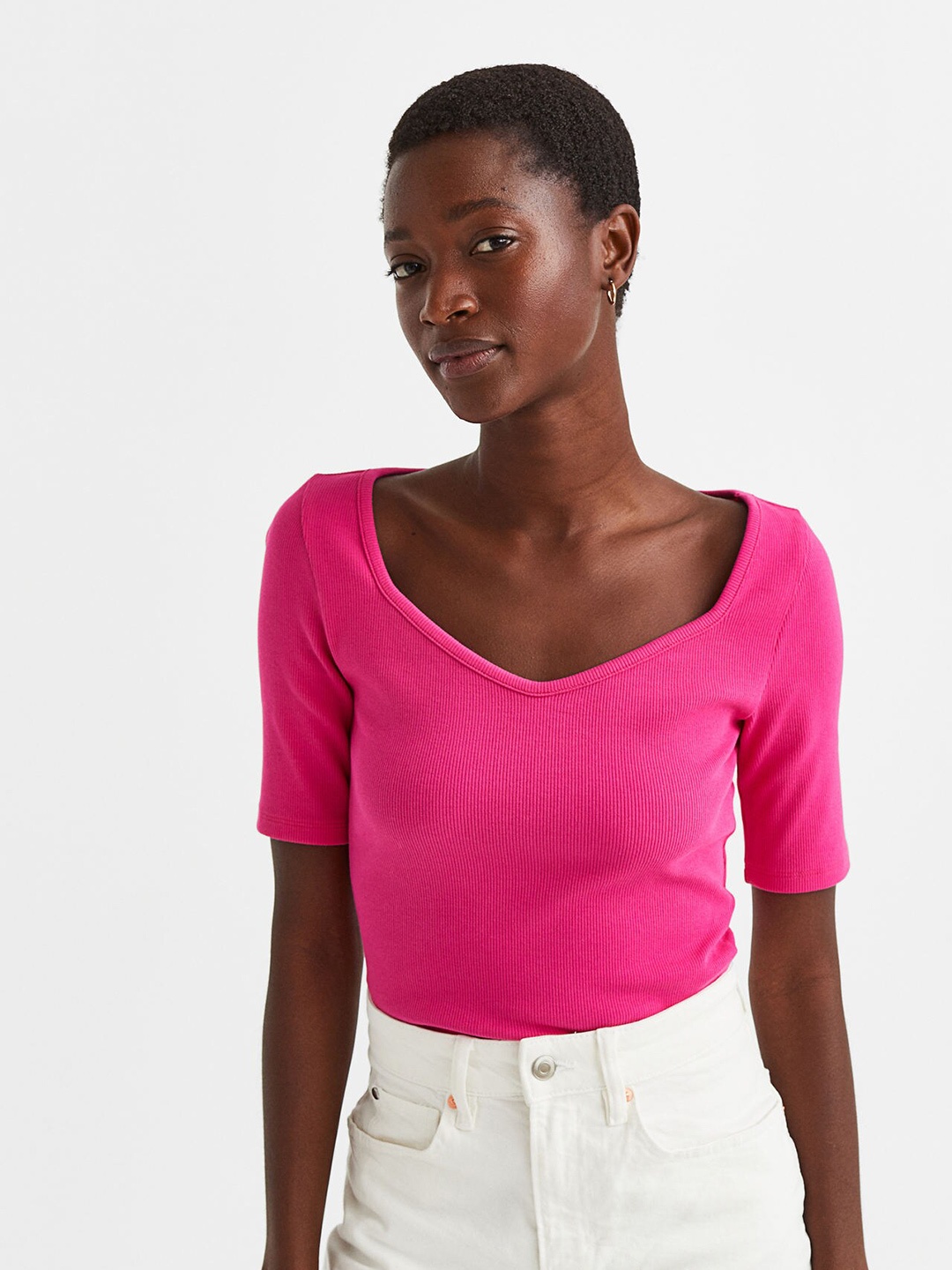 

H&M Women Ribbed Jersey Top, Pink