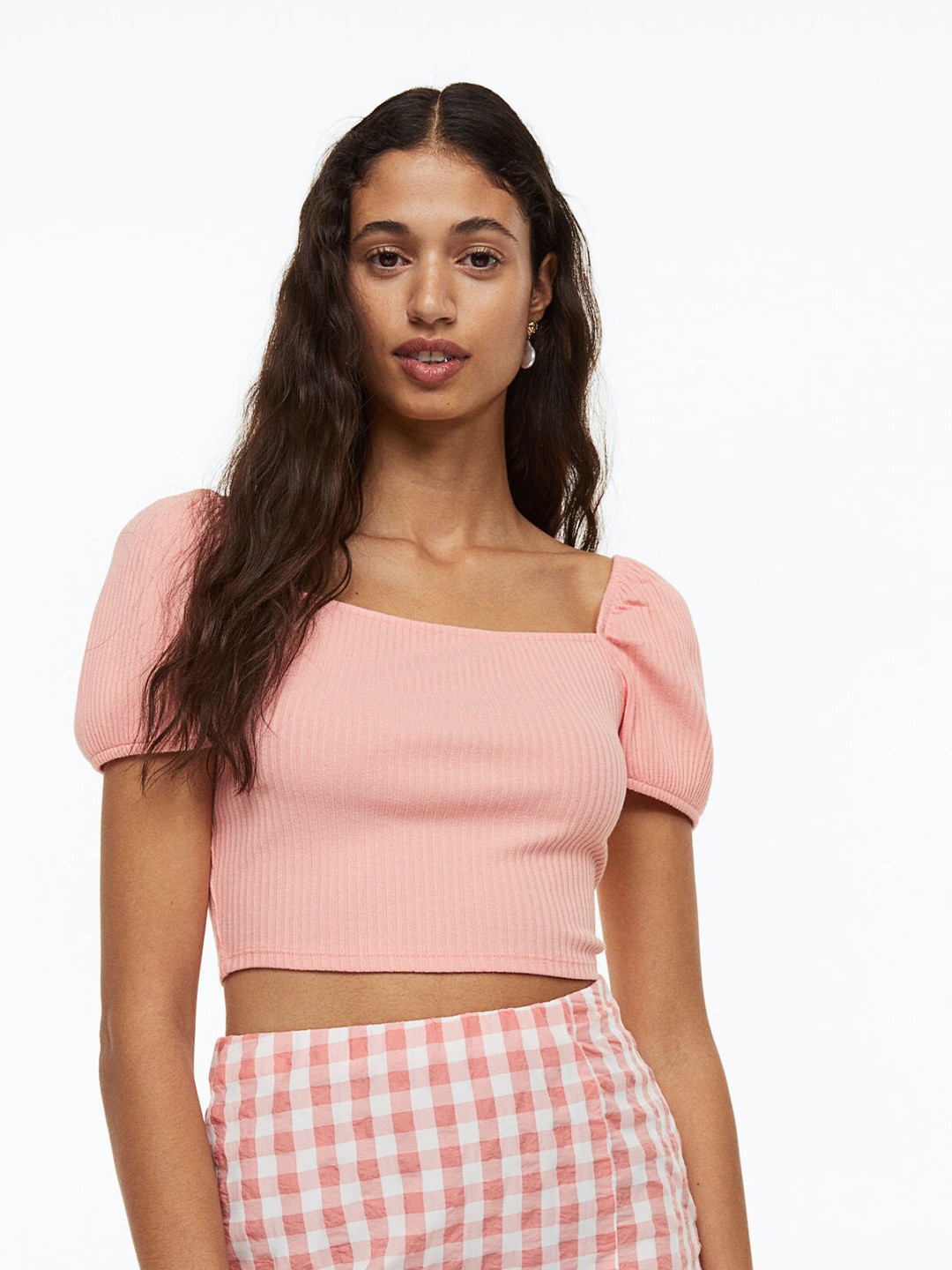

H&M Women Puff-Sleeved Ribbed Top, Peach