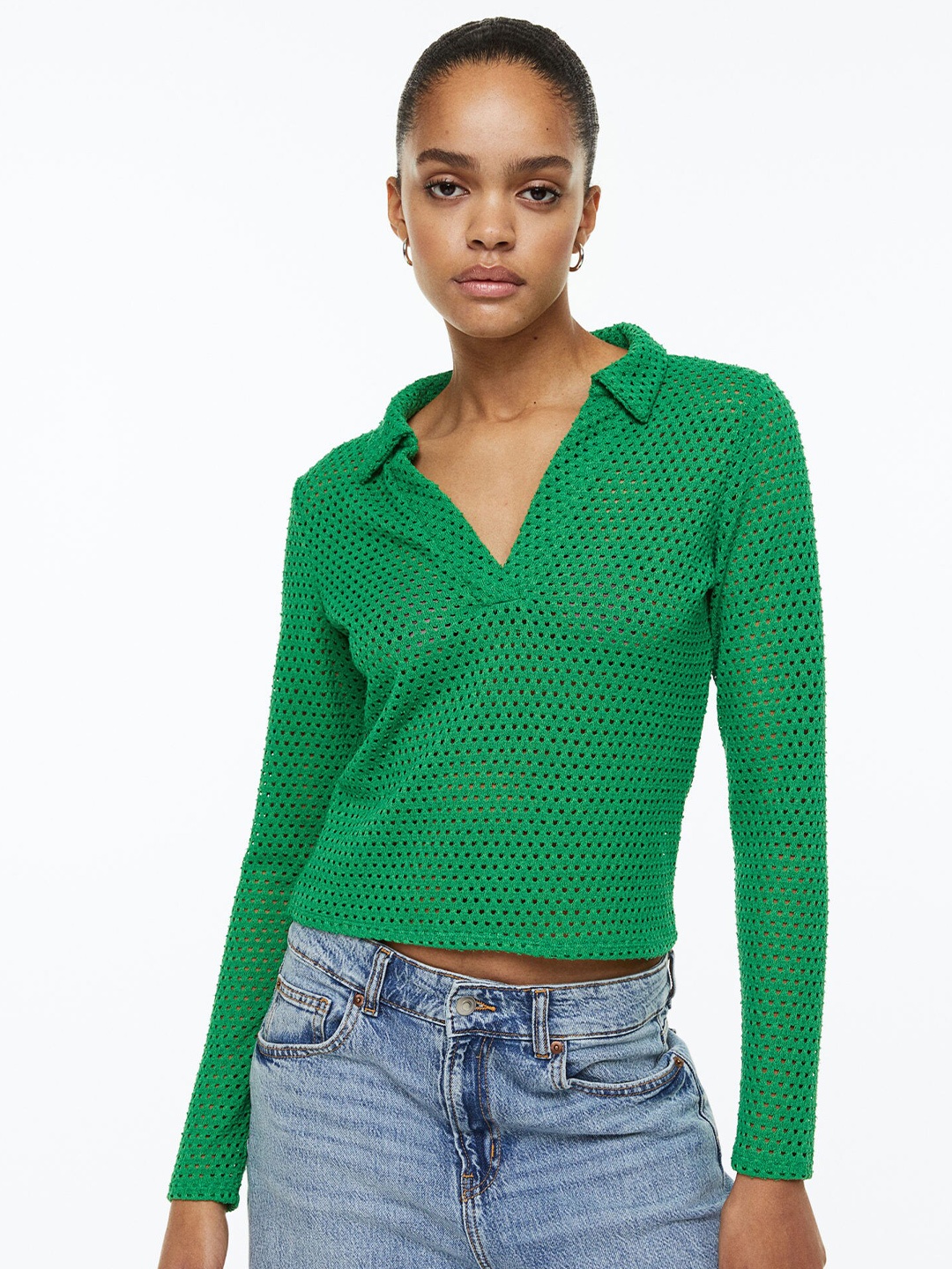 

H&M Collared Jersey Top, Green