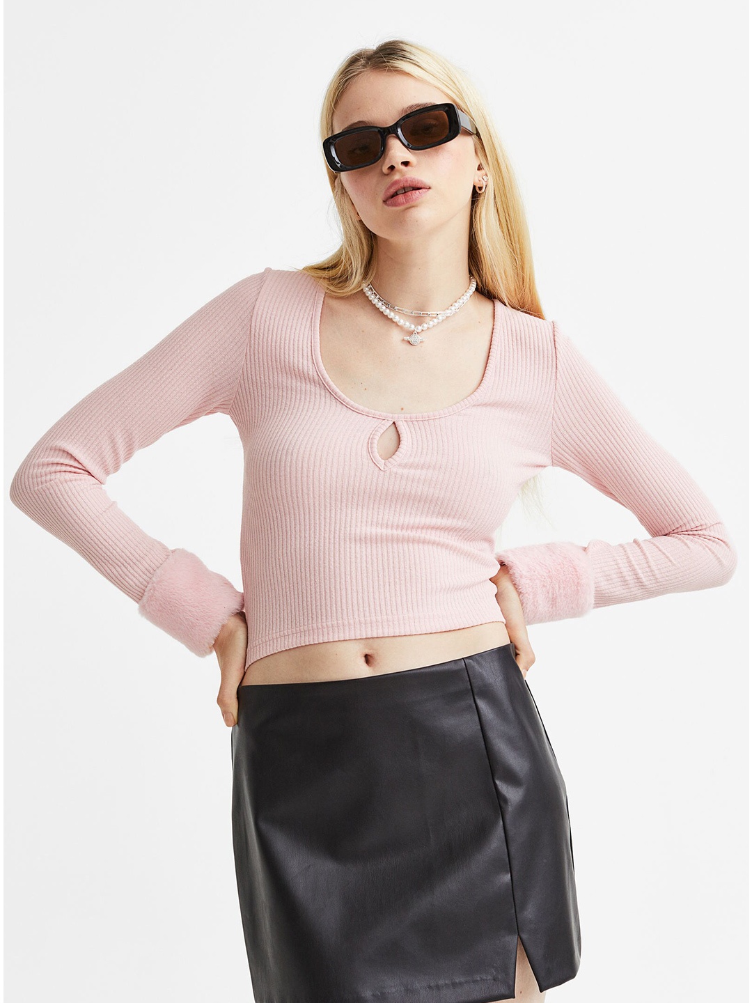 

H&M Long-Sleeved Ribbed Top, Pink