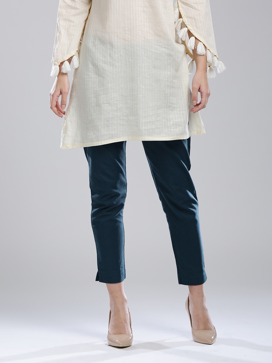 

W Women Teal Blue Solid Casual Trousers