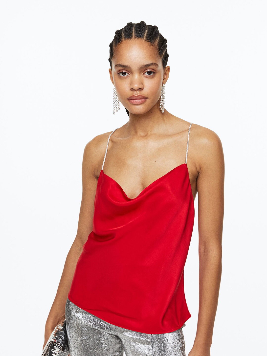 

H&M Women Rhinestone-Strap Satin Top, Red