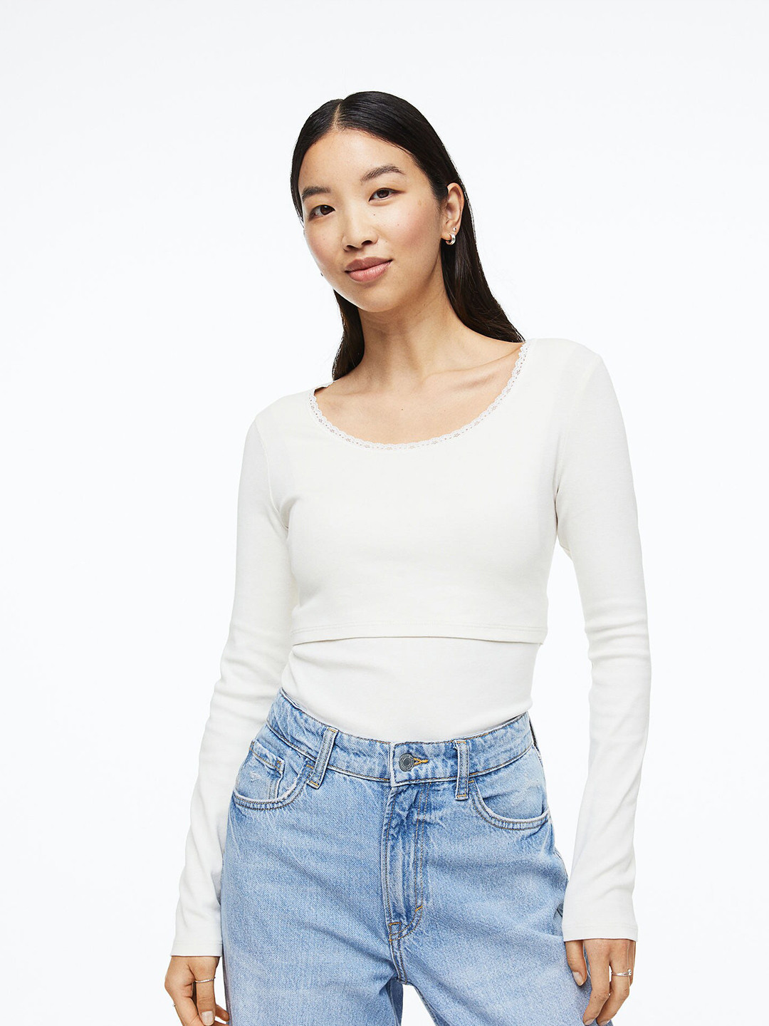 

H&M MAMA Lace-Trimmed Nursing Top, White